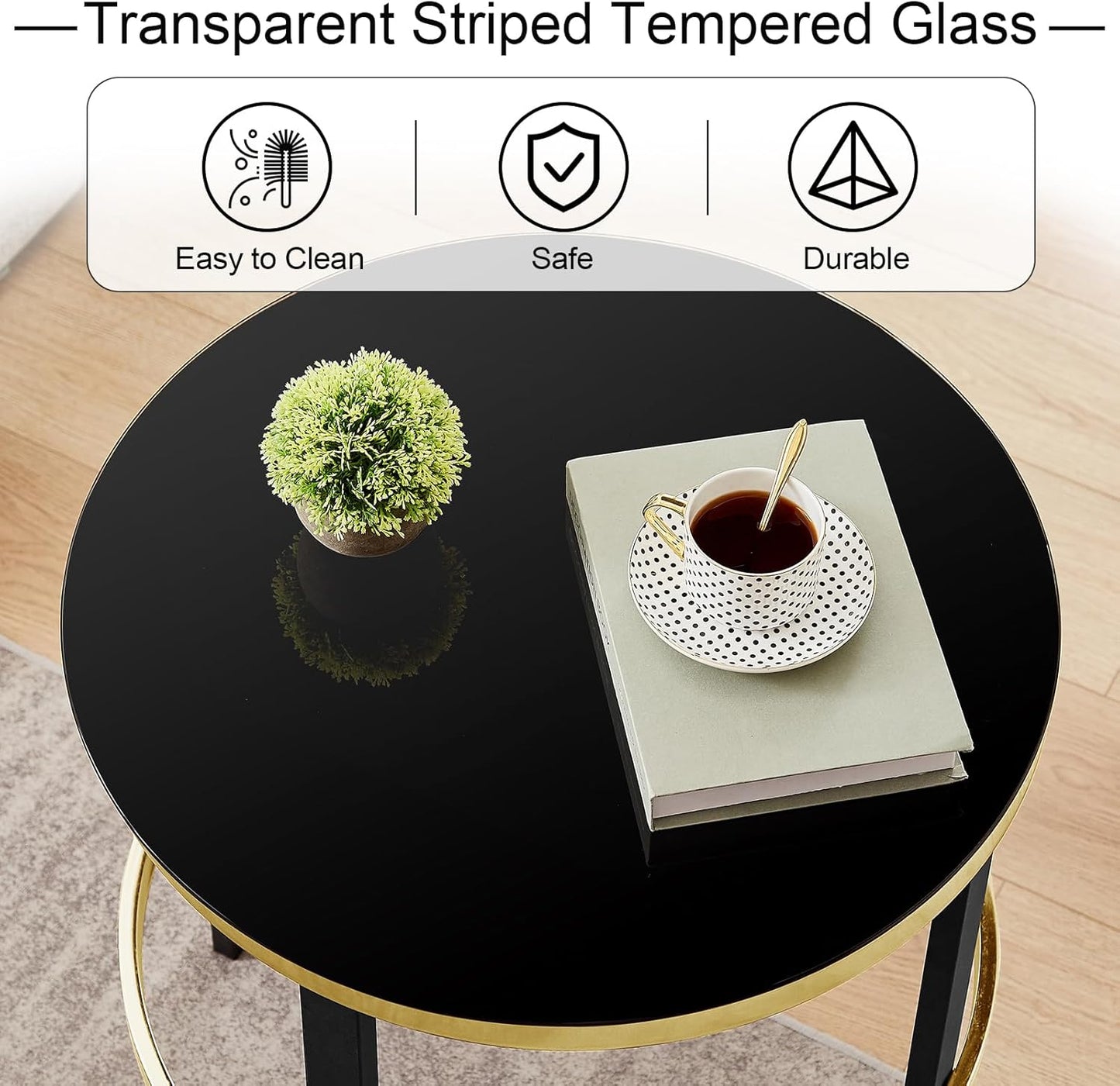 Furniturosy Round End Table, Modern Glass Side Table with Sturdy Metal Frame, Accent Table with Tempered Glass Top, Glass End Table for Living Room,