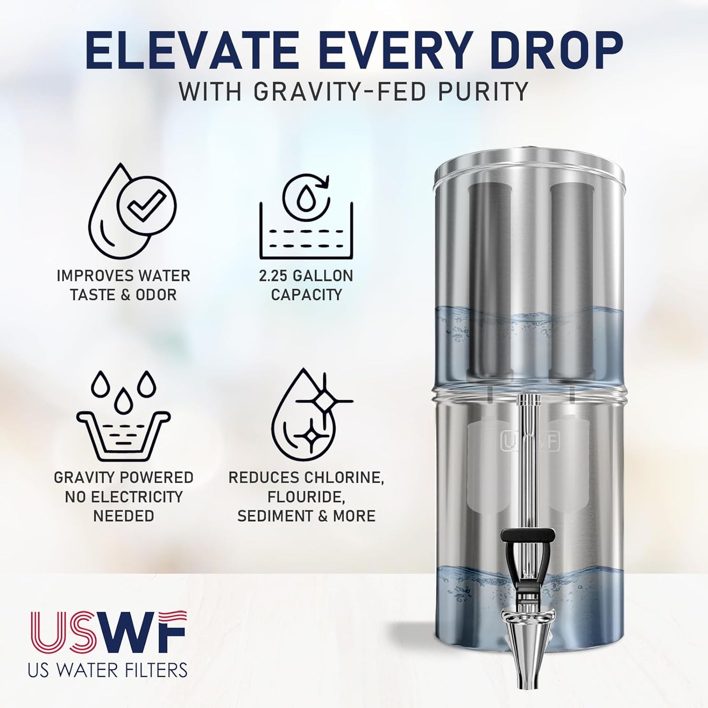 USWF Gravity Fed Water Filter - 2.25 Gal. Stainless Steel w/ 2 Carbon Filters, 2 Fluoride Filters, Portable Countertop Filtration System, Metal Sight