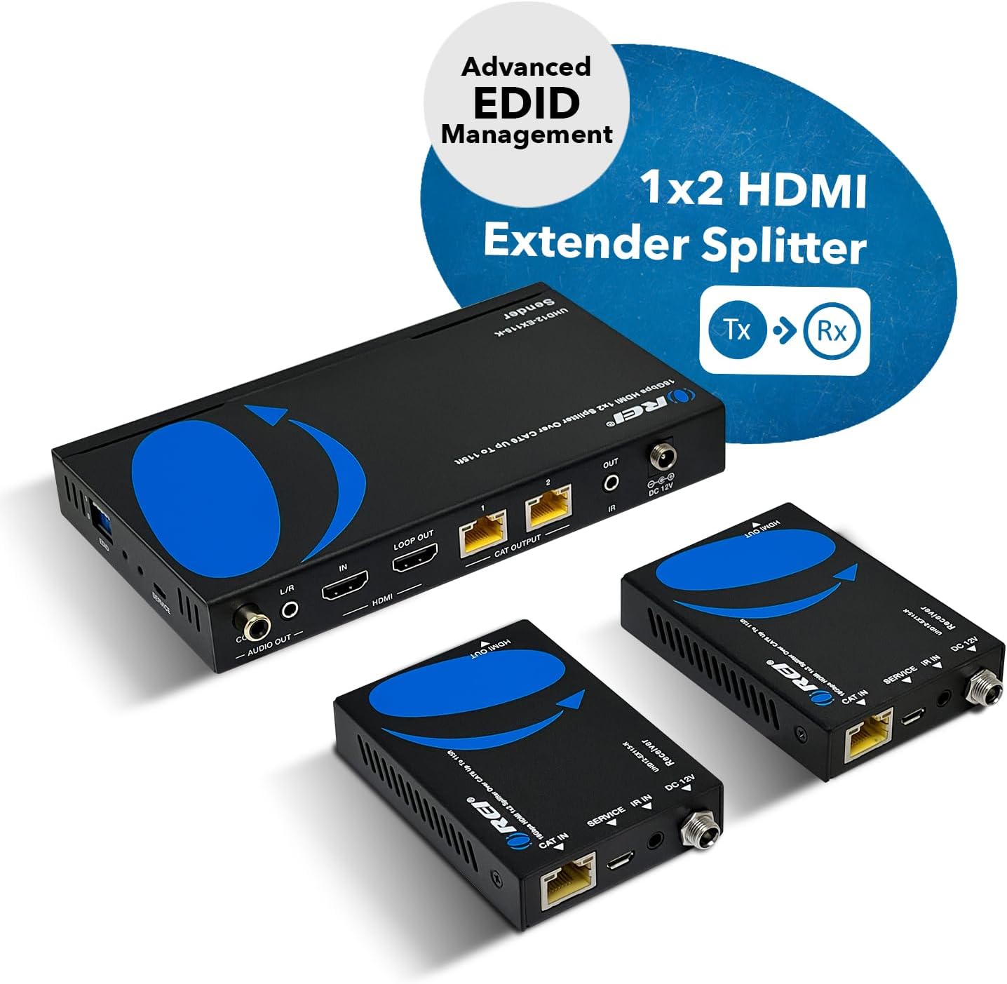 OREI 1x2 HDMI Extender Splitter 4K by Multiple Over Single Cable CAT6/7 4K@60Hz 4:4:4 HDCP 2.2 with IR Remote EDID Management - Up to 115 Ft - Loop