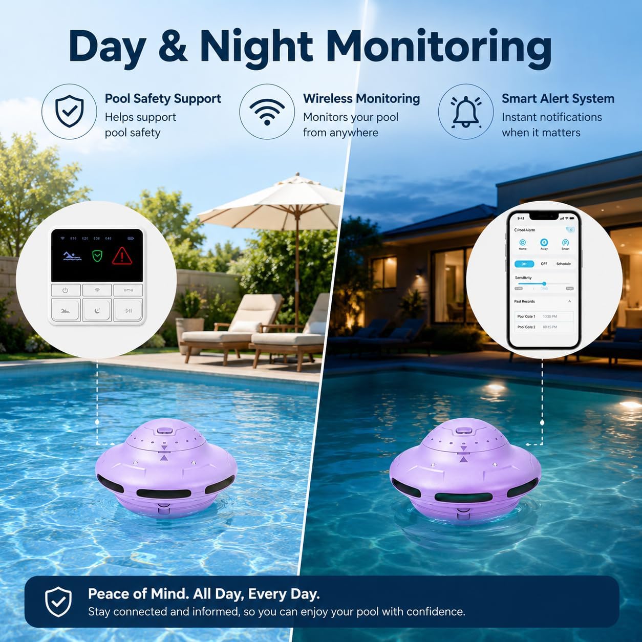Smart Pool Alarm App Connectivity | Real-Time Phone Alerts & Adjustable Sensitivity (Purple)