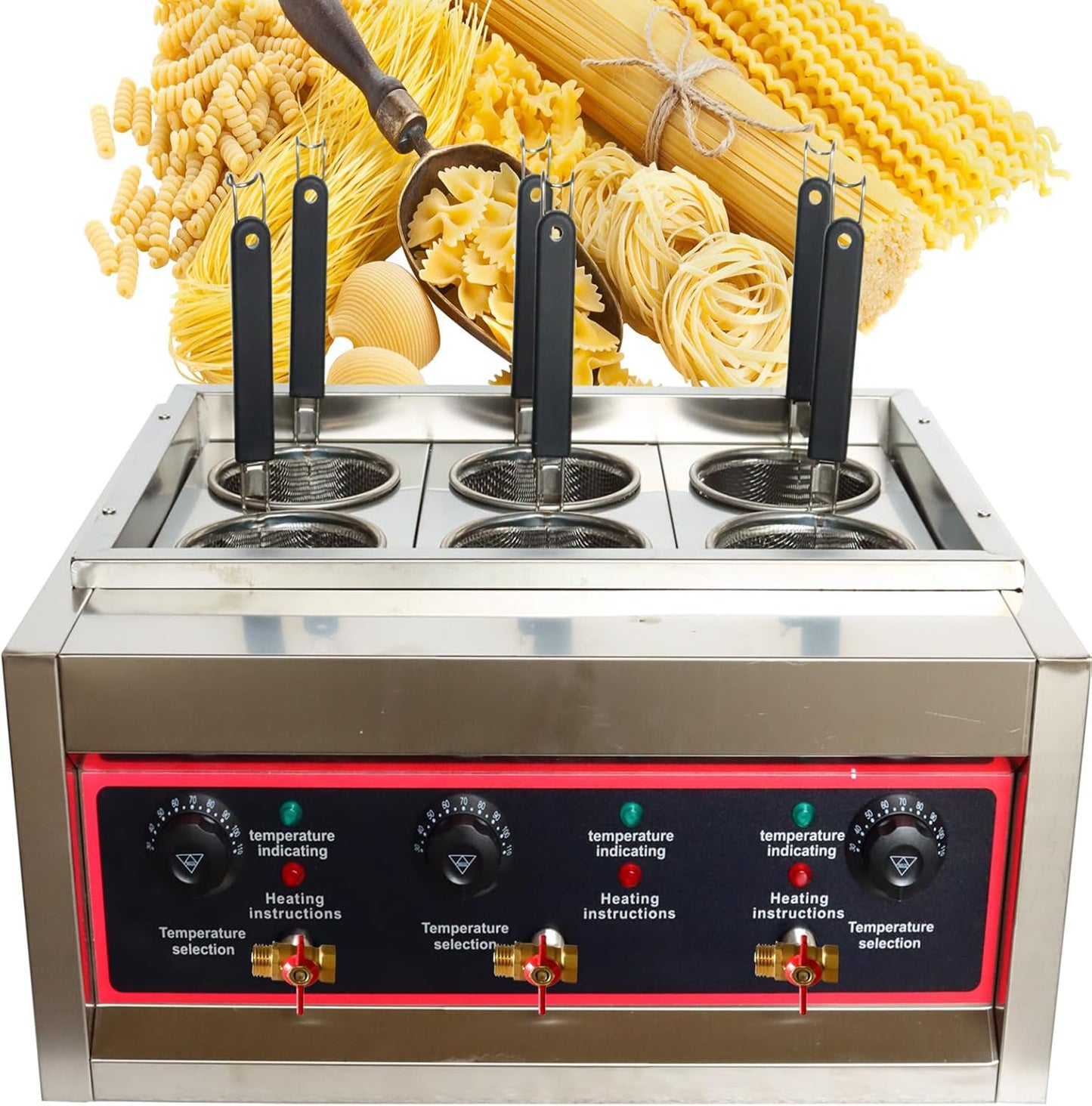 PreAsion 220V Commercial Pasta Cooker with 6 Noodle Filter Electric Pasta Cooking Machine Multifunctional Pasta Warmer Noodles Cooker 6KW for Cooking