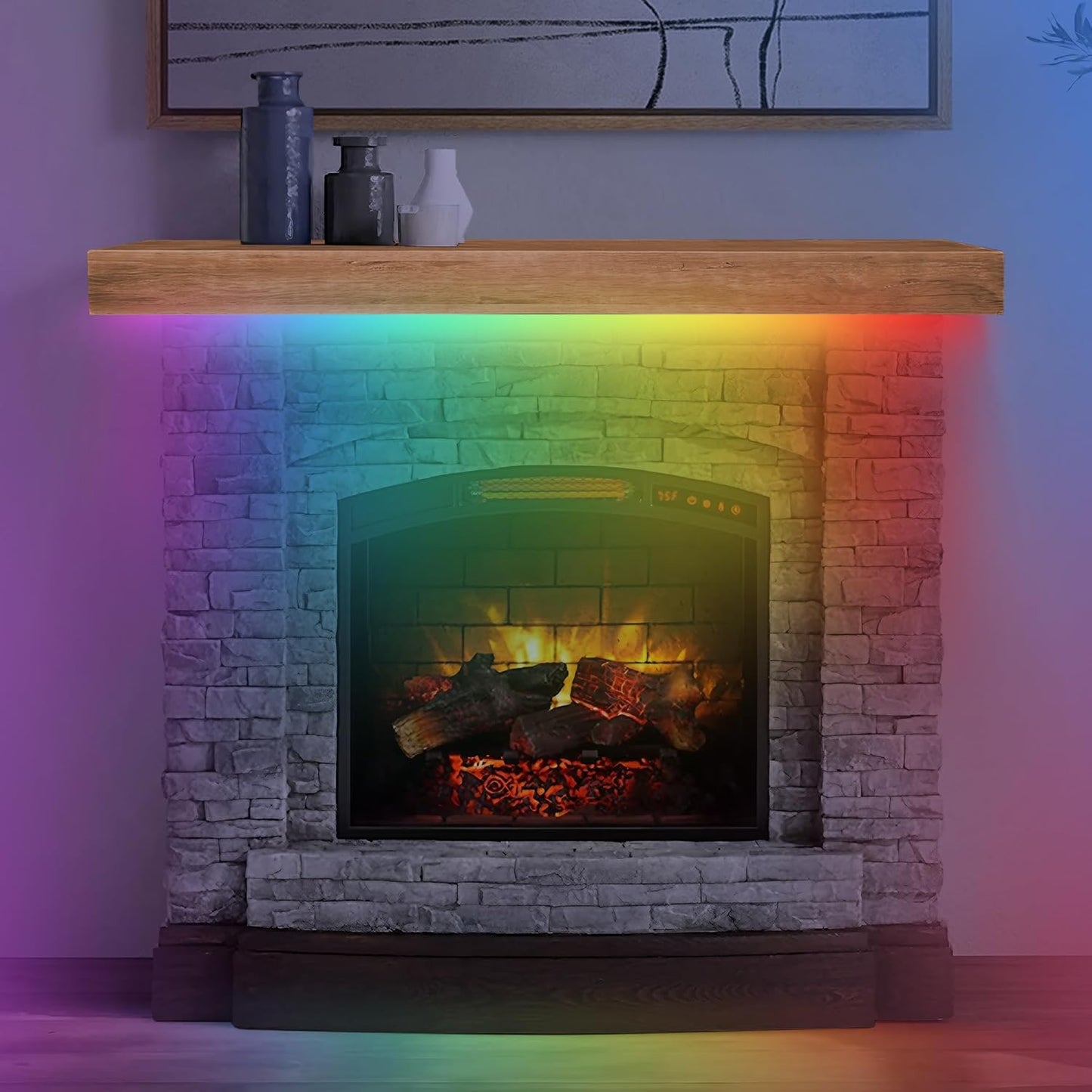 koretech Fireplace Mantel 48'/60'/72' with LED Lights, Solid Rustic Wood Floating Farmhouse Shelf Handcrafted