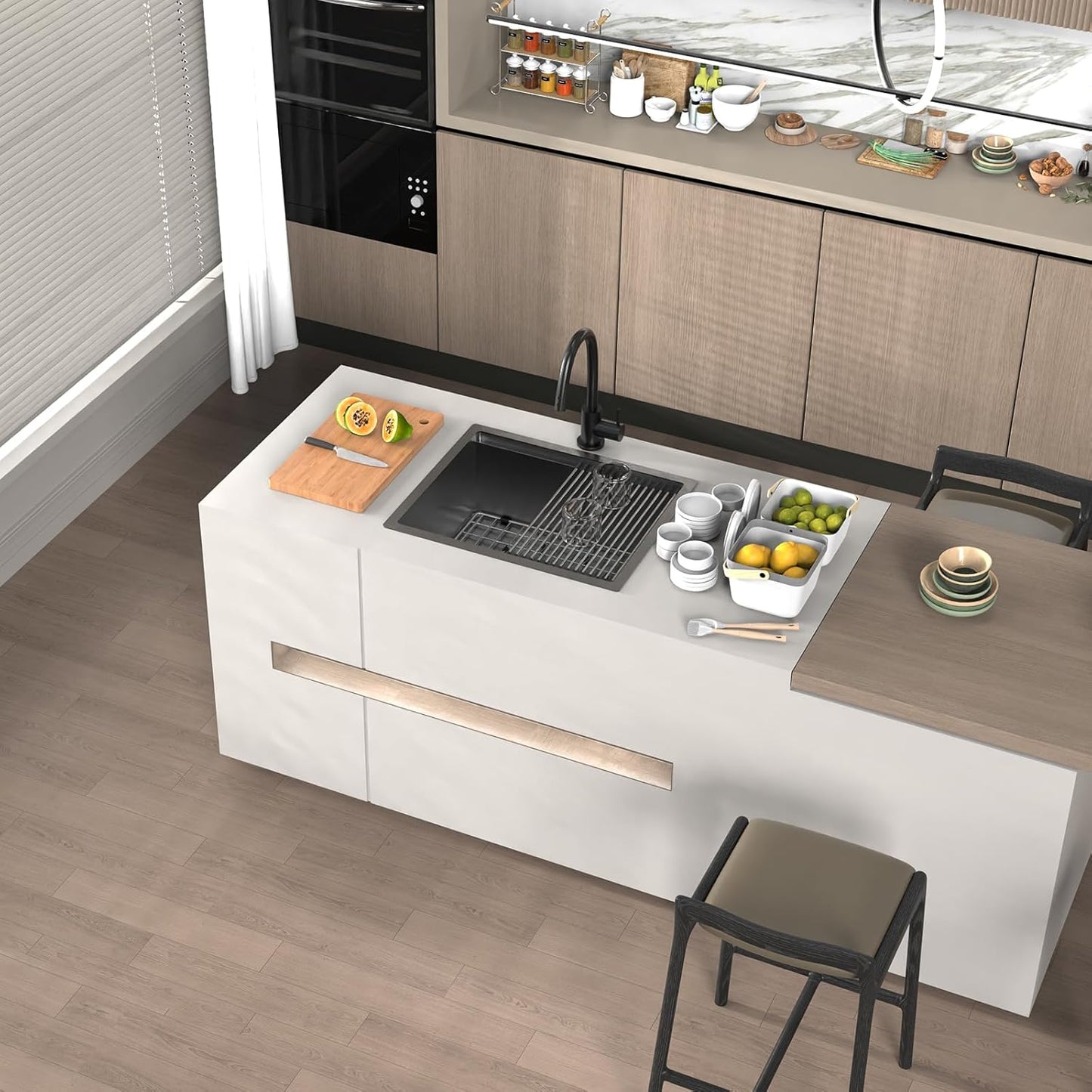 Black Kitchen Sink Workstation, 23'x19' Stainless Steel Undermount Single Bowl Kitchen Sink Built-in Ledge Drop