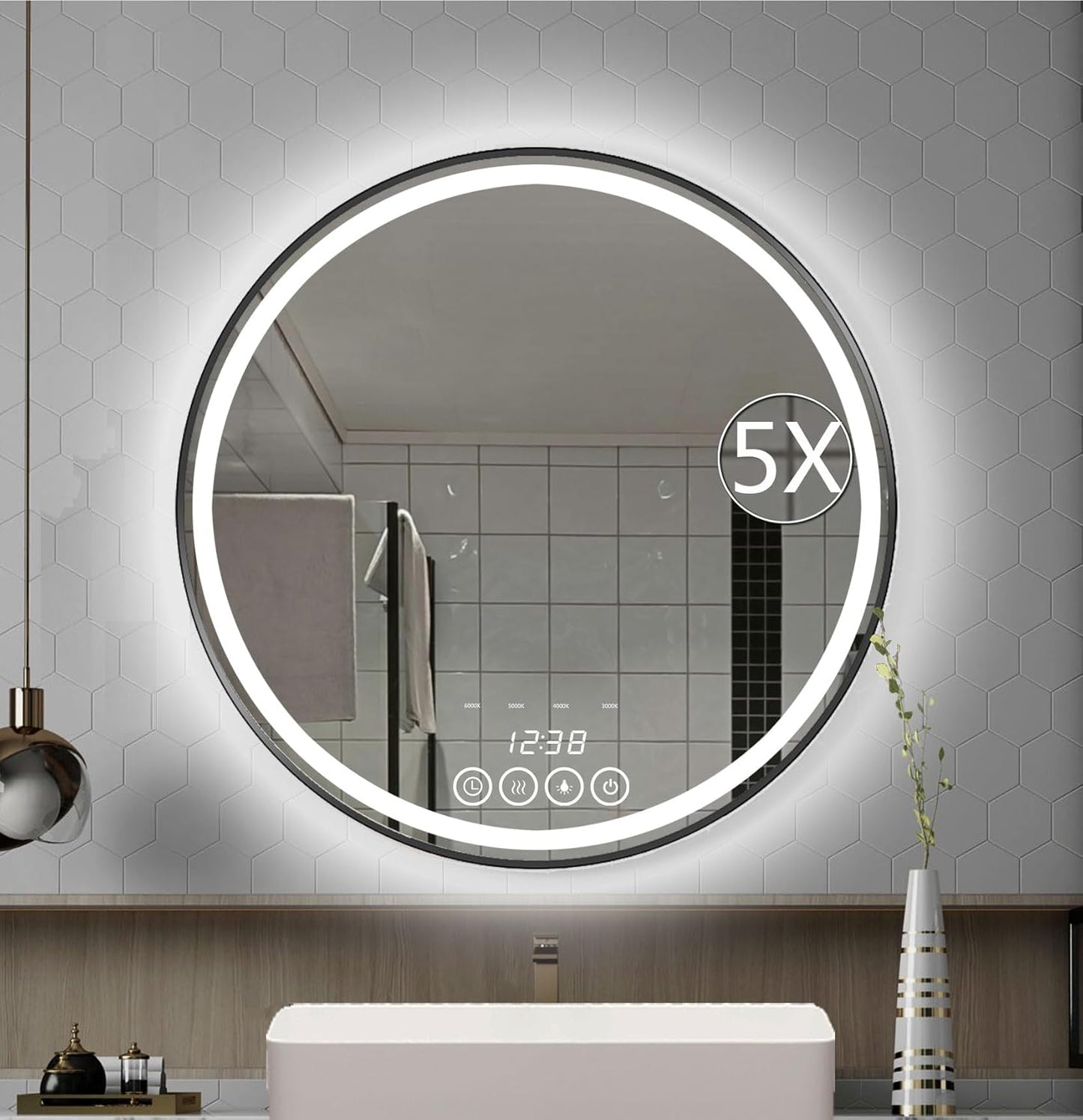 26 Inch Wall-Mounted Round Bathroom Mirror with LED-Lights - Frame Vanity Mirrors (26' x 26', Black)
(26'L x 26'W)