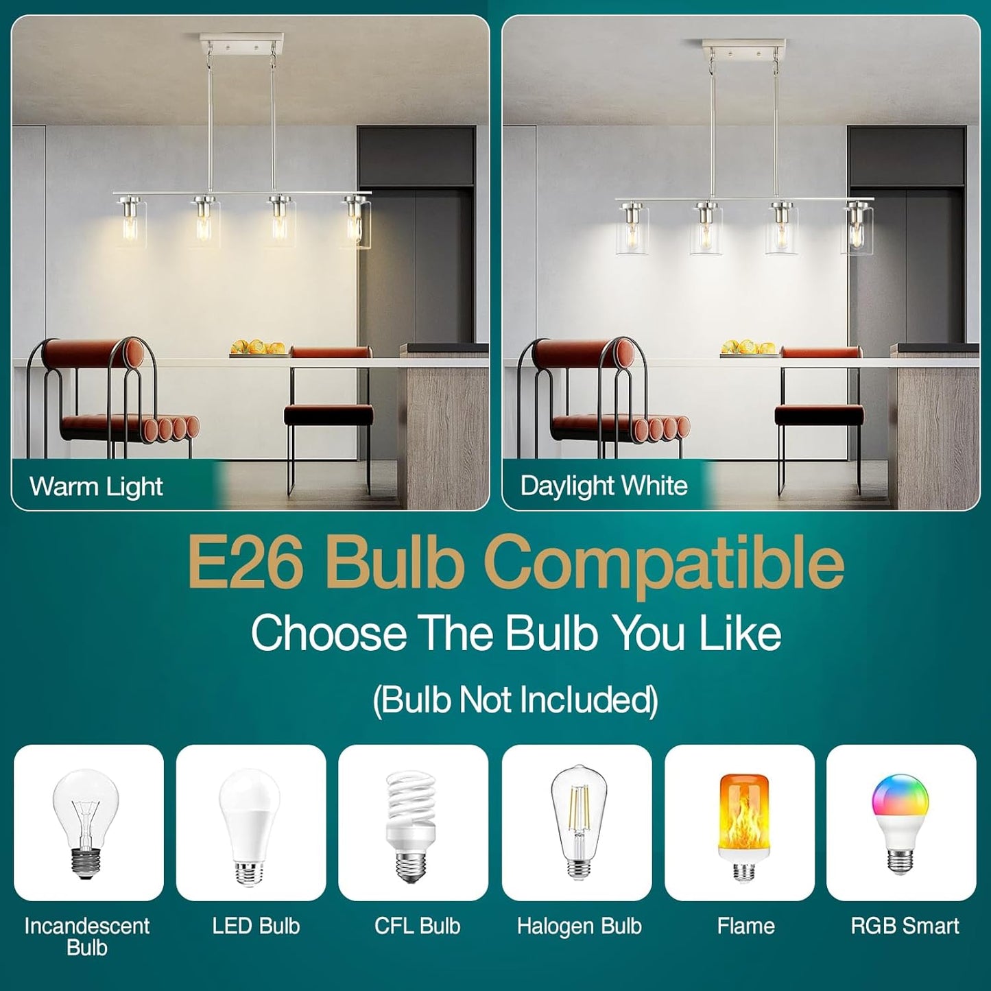 4 Lights Brushed Nickel Island Light Fixtures, Kitchen Pendant Lights 4-light Linear