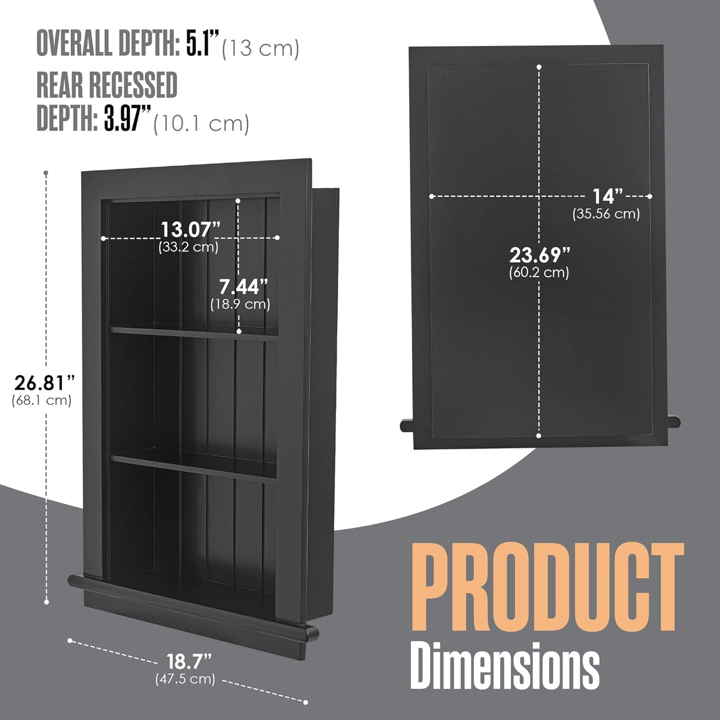 Recessed Medicine Cabinet, Wall Niche, In Shelves, Shelf Insert, 14"W x 24"H ID, 17"W x 27"H OD, 3 Tier, Black, Wood, Shallow Drywall