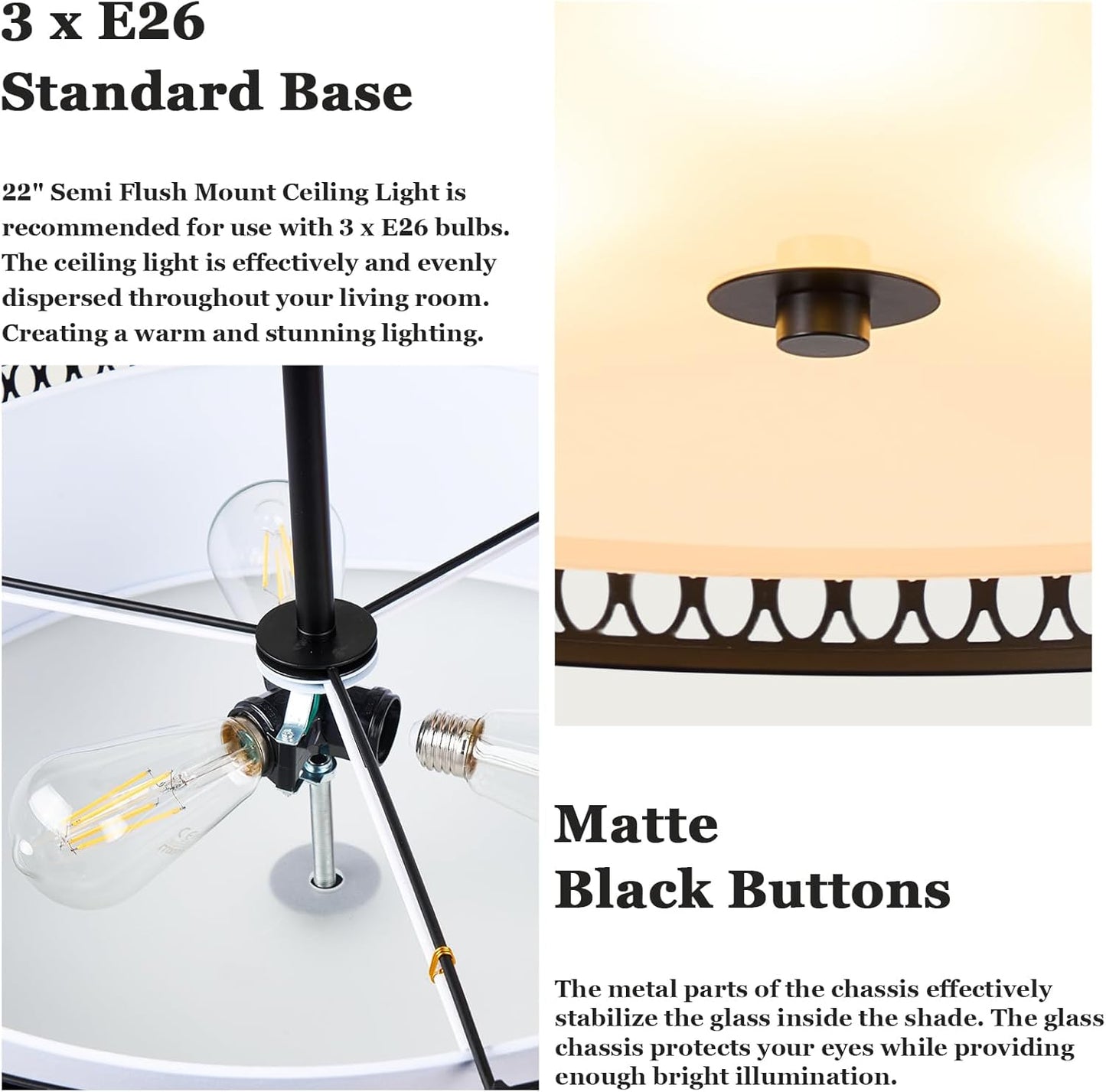 Ludil 3-Light Drum Chandeliers - 22" Fabric Shade Pendant Light Fixture E26 Bases, Adjustable Universal Joint Hanging Light