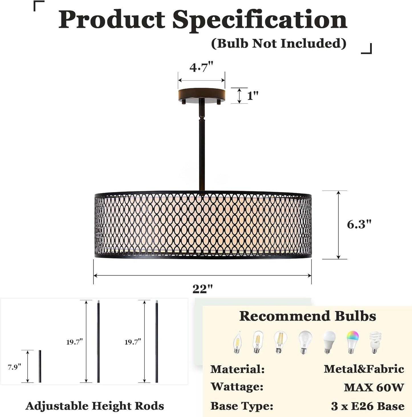 Ludil 3-Light Drum Chandeliers - 22" Fabric Shade Pendant Light Fixture E26 Bases, Adjustable Universal Joint Hanging Light