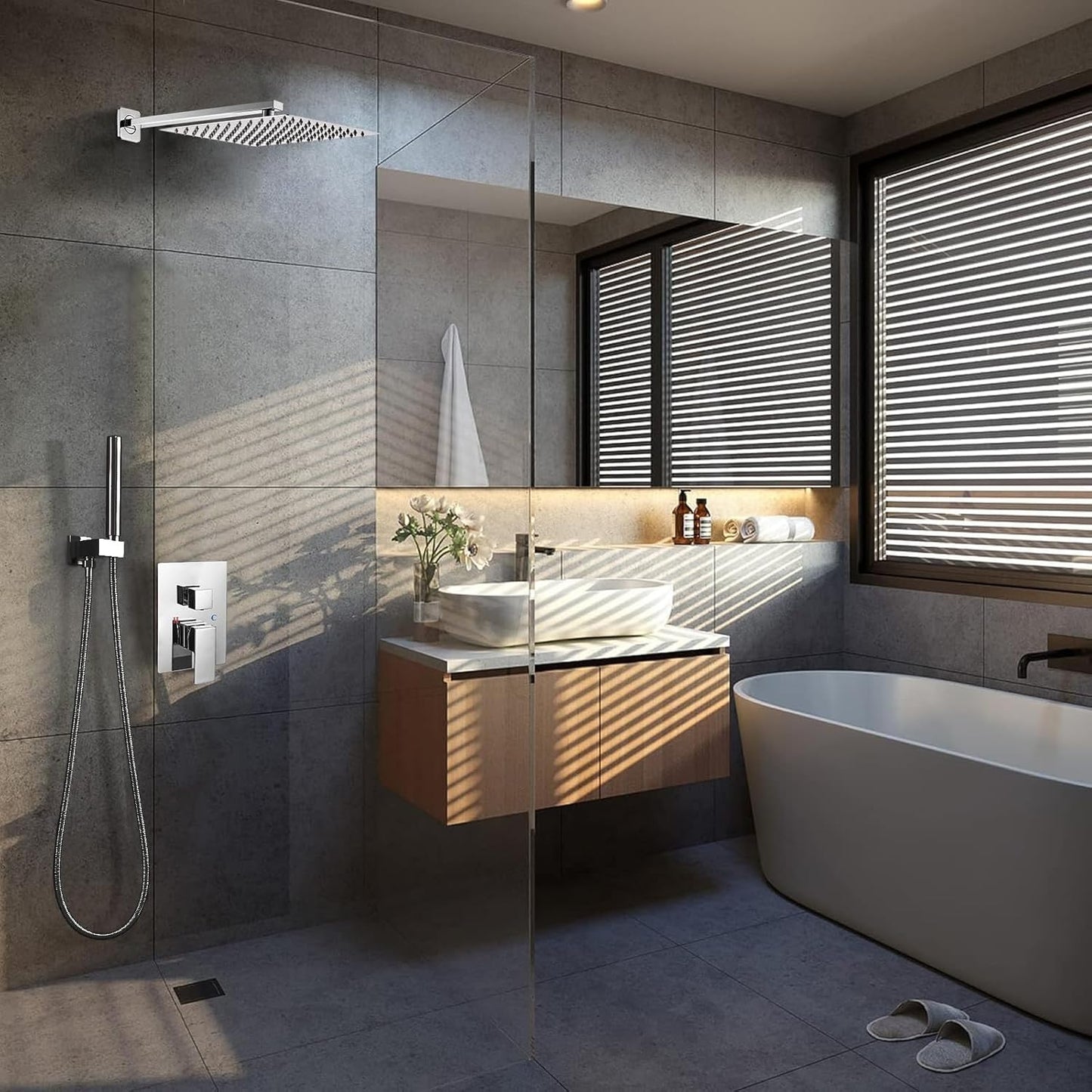 BESy 10 Inch Solid Brass Shower System Fixture High Pressure Mixer Shower Head and 2 in 1 Handheld Wall Mounted, Rainfall Shower Faucet Set Combo