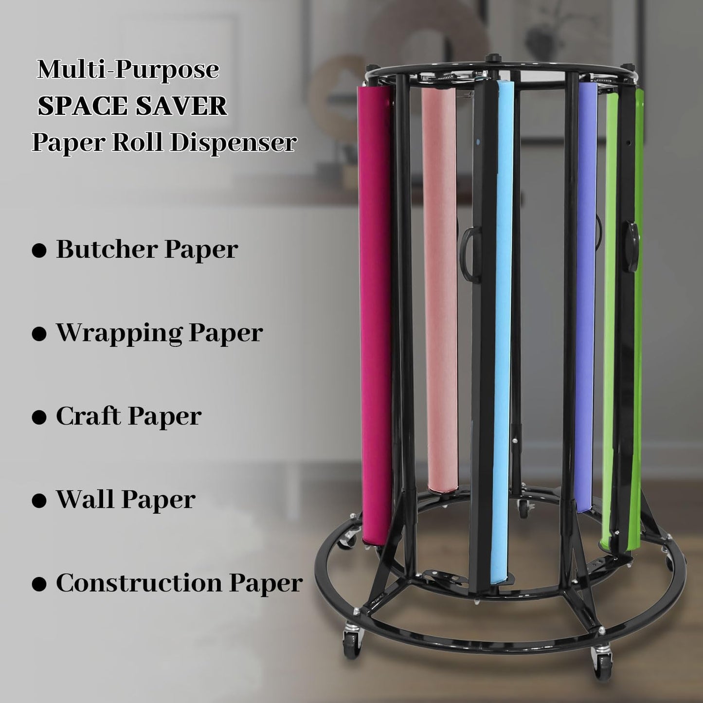 Paper Roll Holder, 5-Roll Paper Rack, Kraft Paper Roll Dispenser, Heavy Duty Metal