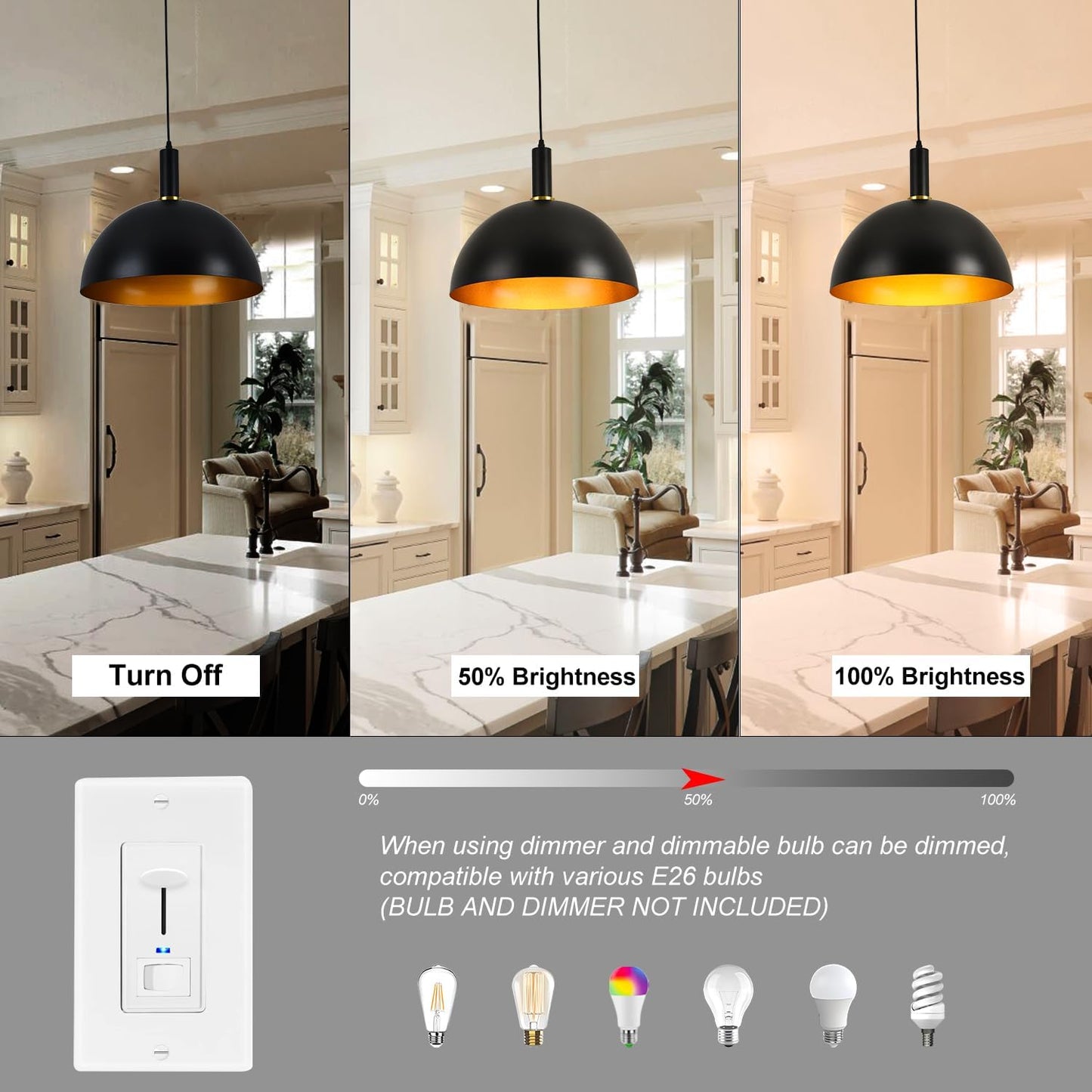 GRUSTRUST 16" Vintage Industrial Dome Pendant Light Black and Gold Large Pendant Lights Kitchen Island Modern Farmhouse Adjustable Hanging
