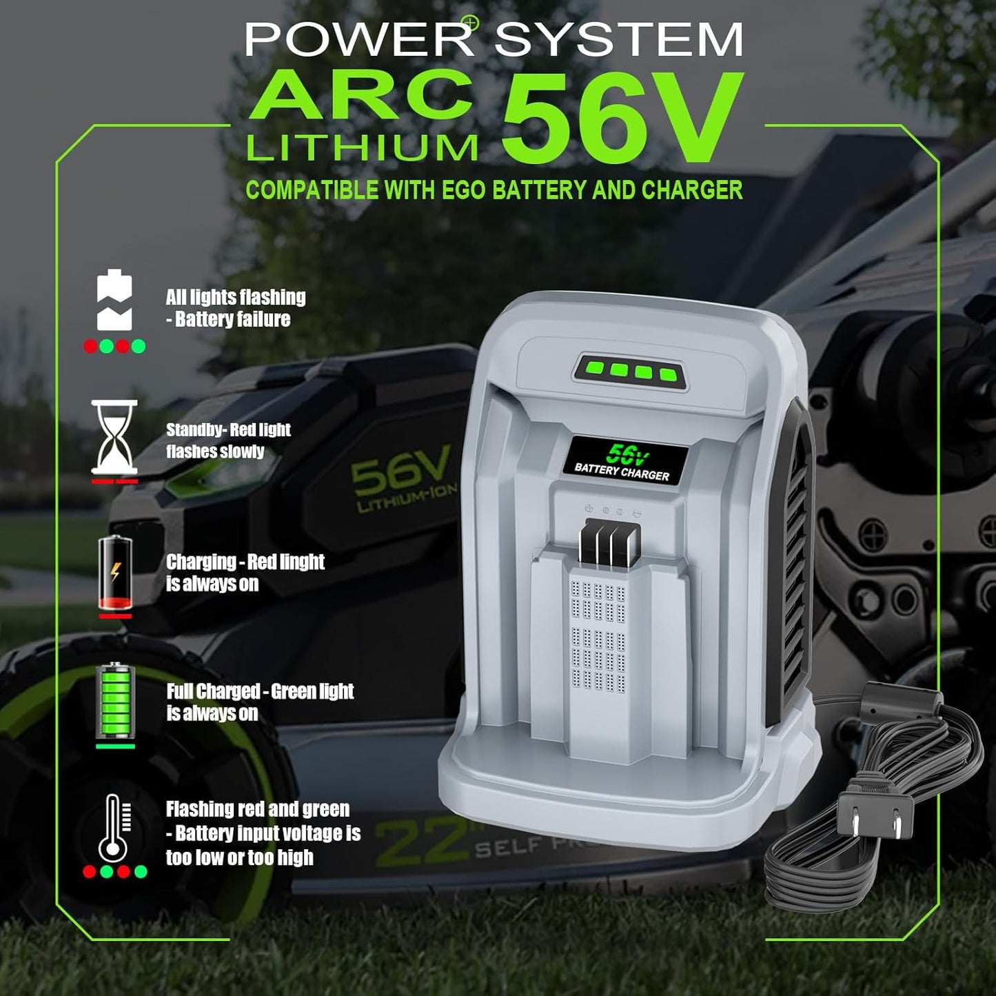 10.0A Replacement Rapid Charger for EGO 56V Battery Charger CH2100 CH3200 CH5500 CH2800D, Compatible with EGO Power+ 56V ARC Lithium Batteries BA1400T BA2242T BA2800T BA3360T