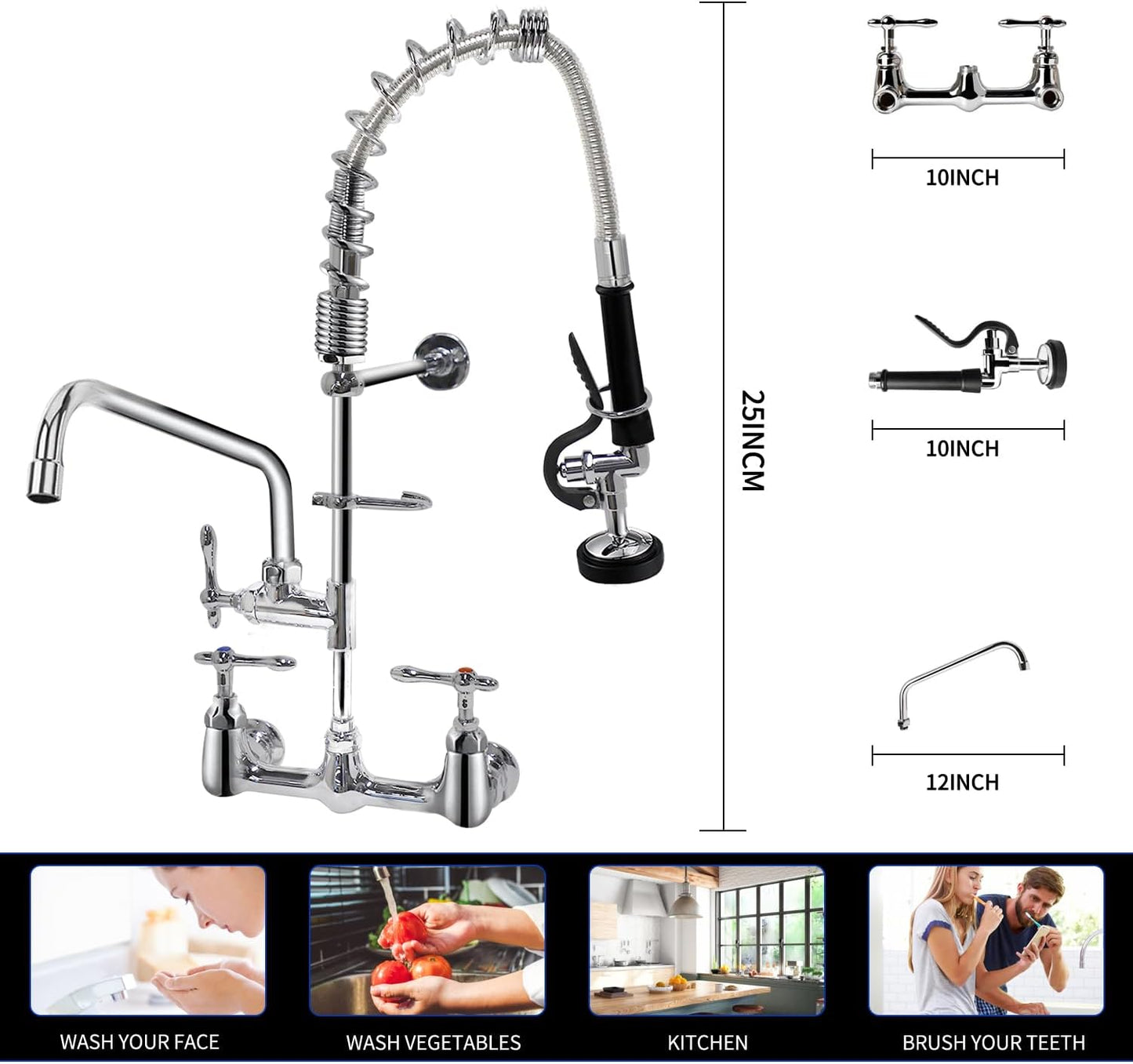QANBAIN Commercial Sink Faucet,Commercial Faucet with Sprayer 8 Adjustable Center Wall Mounted Restaurant Faucets,12' Spout andPull-Down Pre-Rinse