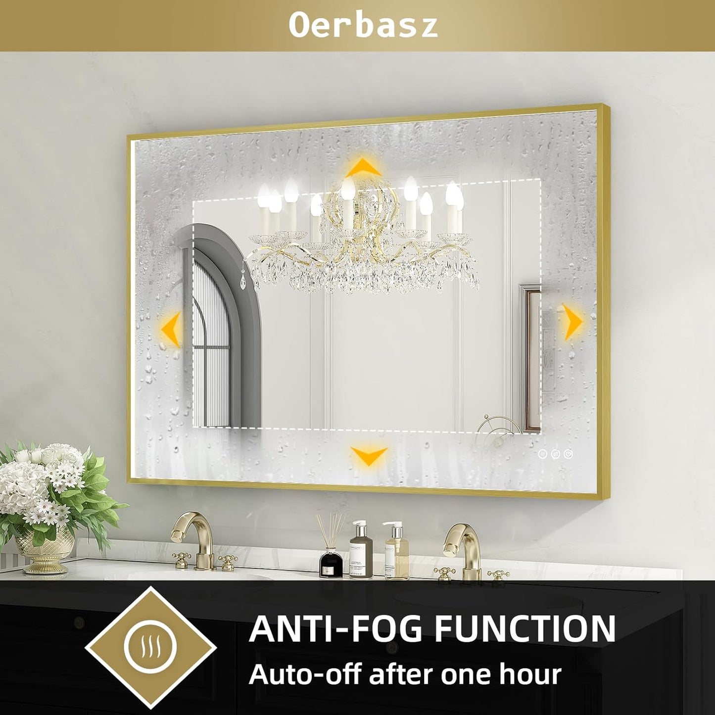 LED Bathroom Mirror with Gold Framed 28X40 Inch, LED Mirror for Bathroom with Anti-Fog, Stepless Dimmable