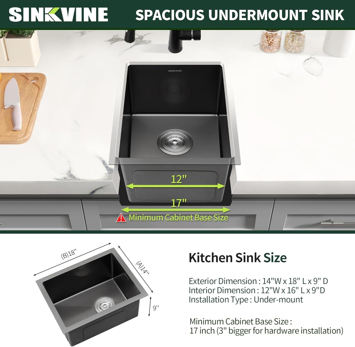 Black Wet Bar Sink Undermount 14 x 18 inch, PVD Nano Stainless Steel, Handmade, Single Bowl with Drain Strainer
