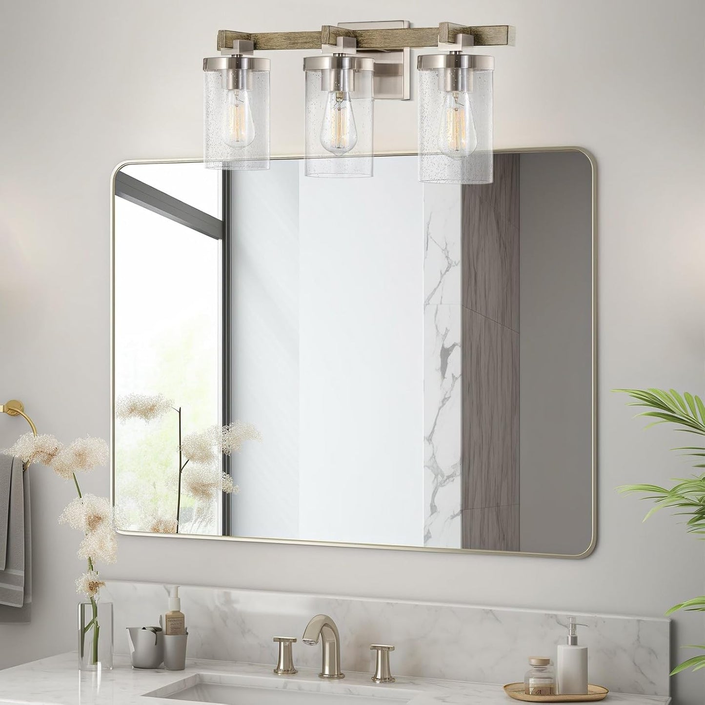 Kira Home Concord 22" 3-Light Farmhouse Vanity/Bathroom Light + Seeded Cylinder Glass Shades, Reclaimed Oak Wood Style + Brushed Nickel Finish
