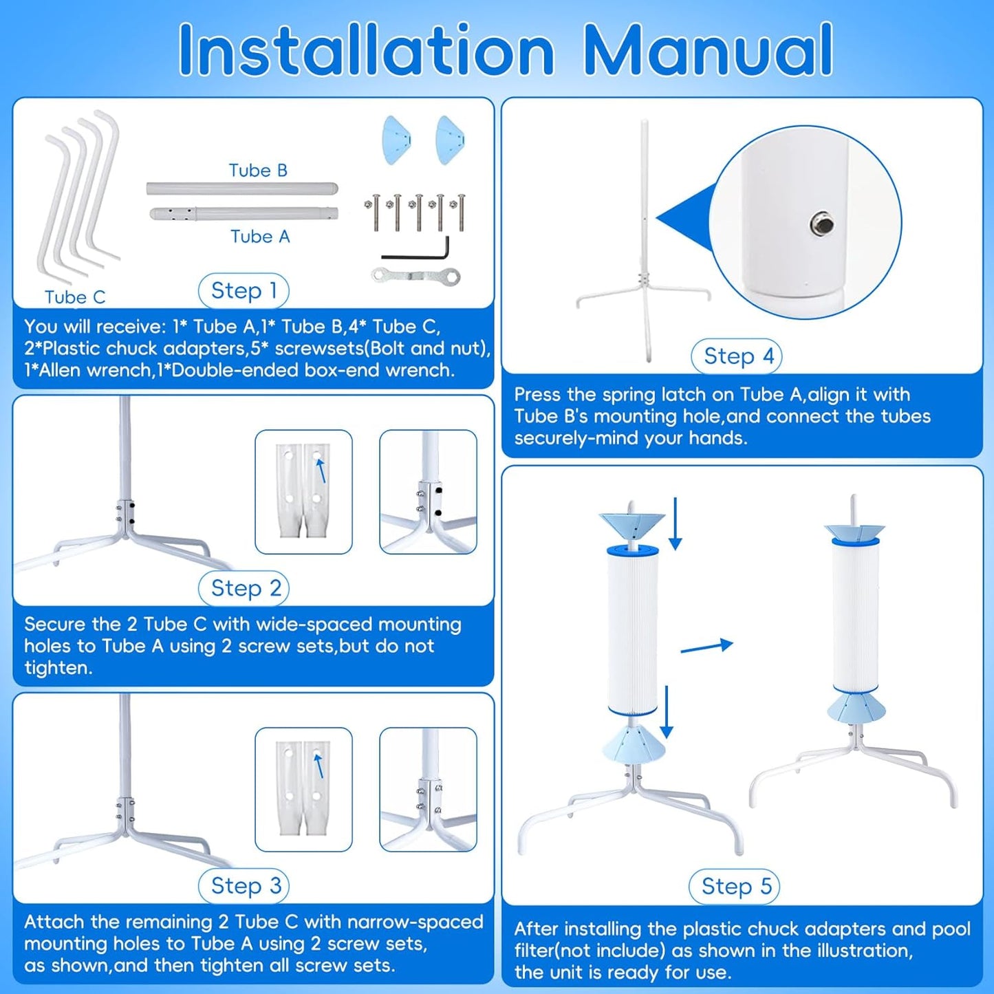 Pool Filter Cleaning Stand Compatible with cartridges 3, 4, or 6" in Diameter and up to 21" in Length, 360° Rotating Cleaning No Bending Required Say Goodbye to Manual Scrubbing
