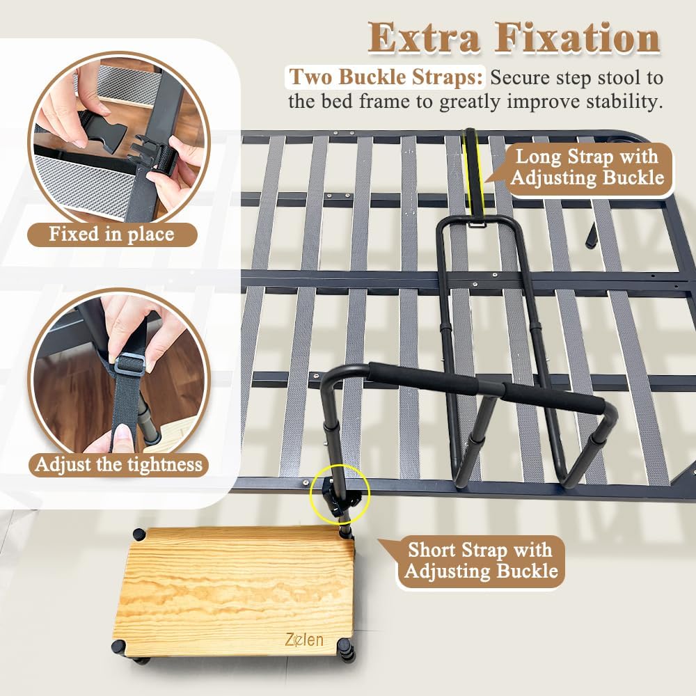 Zelen Medical Step Stool Bed Rails for Elderly Bed Steps for High Beds Adults Bedside Step Stool with Handle Bed Stools Assist Bar for Seniors Bed