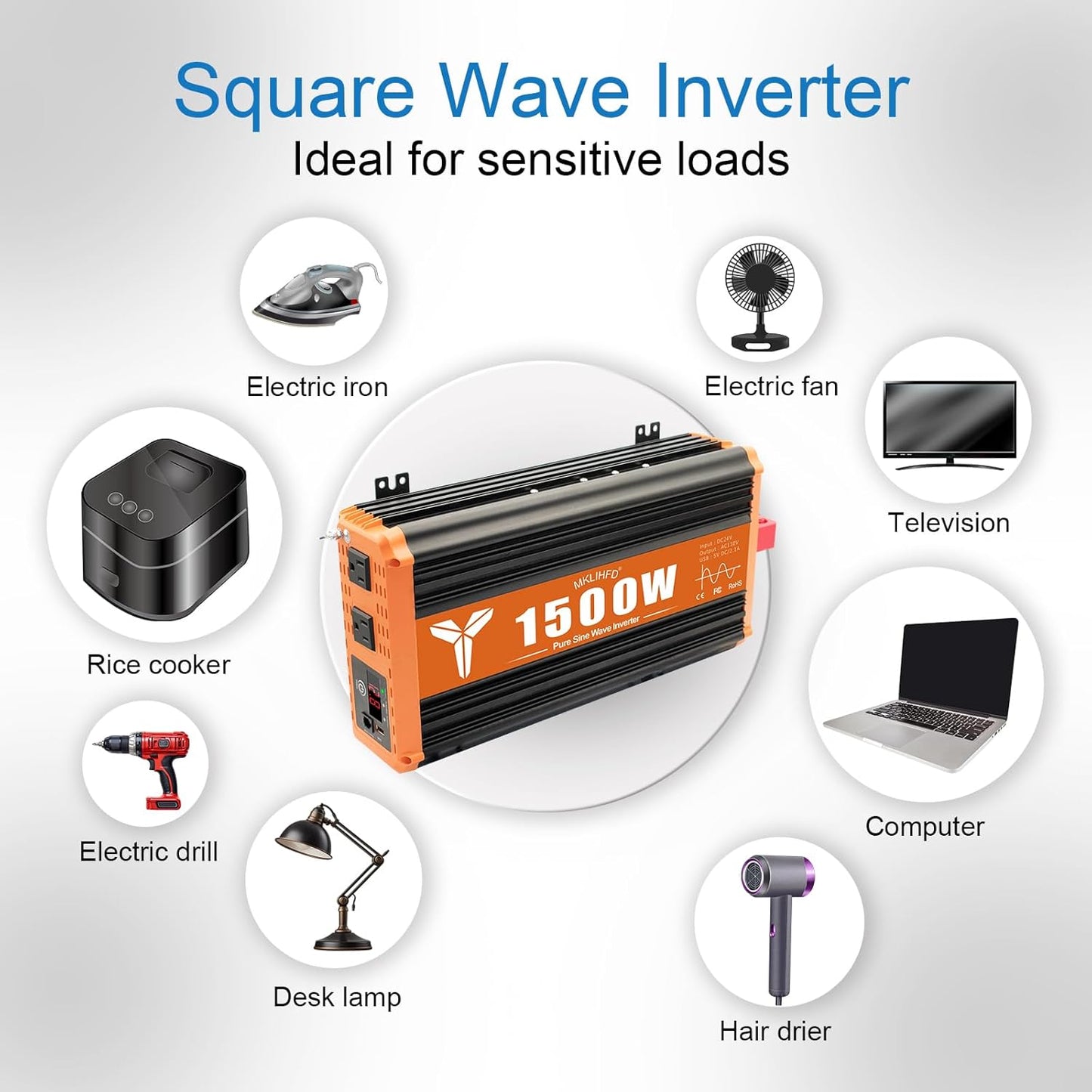 1500 Watt Pure Sine Wave Power Inverter 24V DC to 120V AC, 3000W Surge Peak Power, Inverter for RV, Truck, Solar, Campers with 2 AC Outlet, 5V 2.0A USB, Remote Control Compatible with Lithium