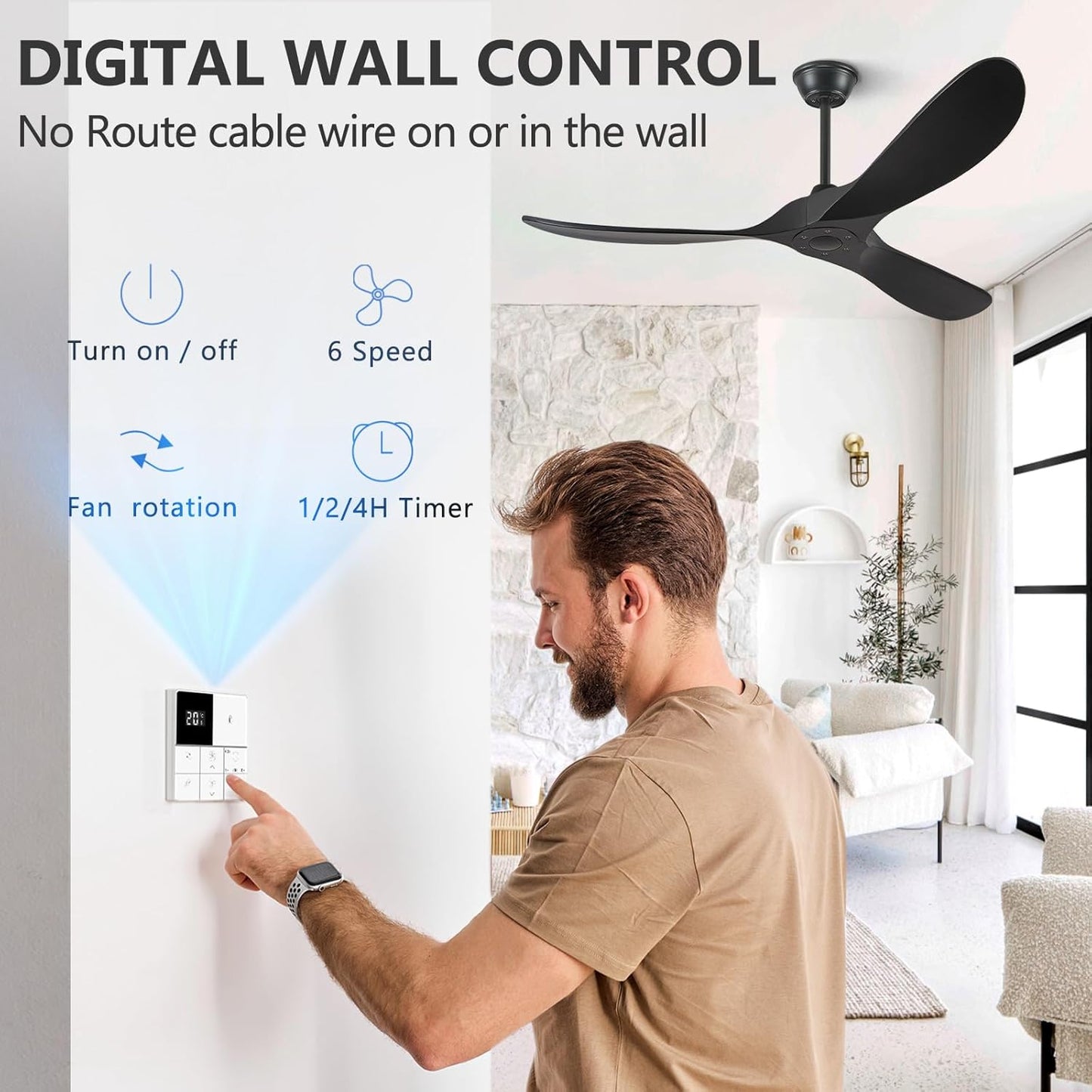 Eliora Ceiling Fan without Light, 52" Wood Ceiling Fan no Light with Remote Wall Switch, Outdoor Ceiling Fan for Patio, Porch, Bedroom, 6 Speed,