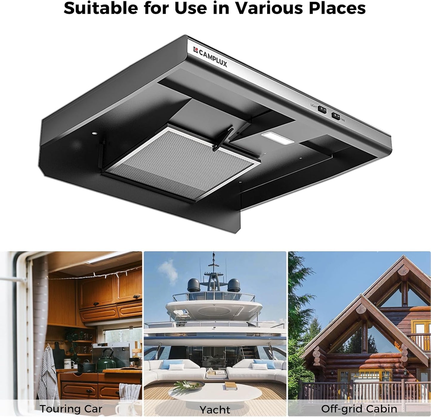 CAMPLUX RV Range Hood 22 Inches,12V DC Range Hood, Ultra Quiet, Powerful Suction, Ideal for RV Travel, Mobile Homes, Yachts, or Small Apartments