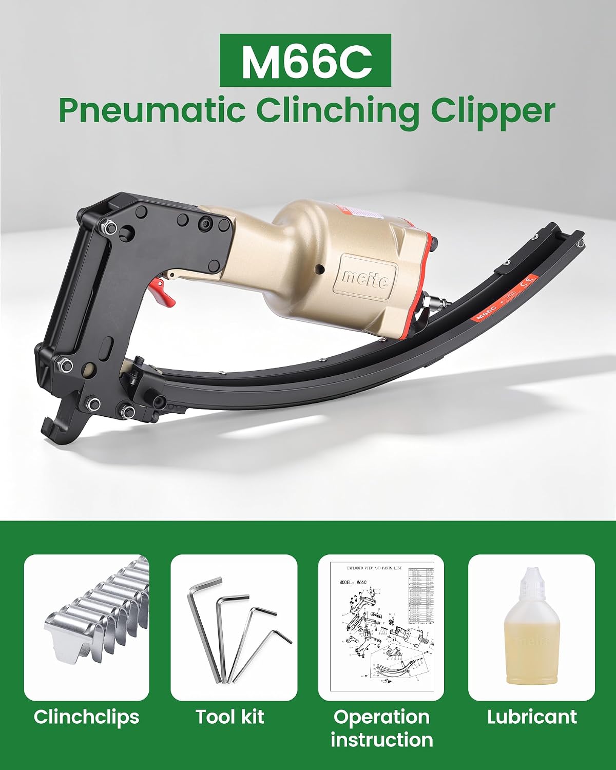 meite M66C Pneumatic Clinching Clipper 3/4 Inch Crown Clinch Clip Gun for Spring Mattress, Car Seats, Wire Cages