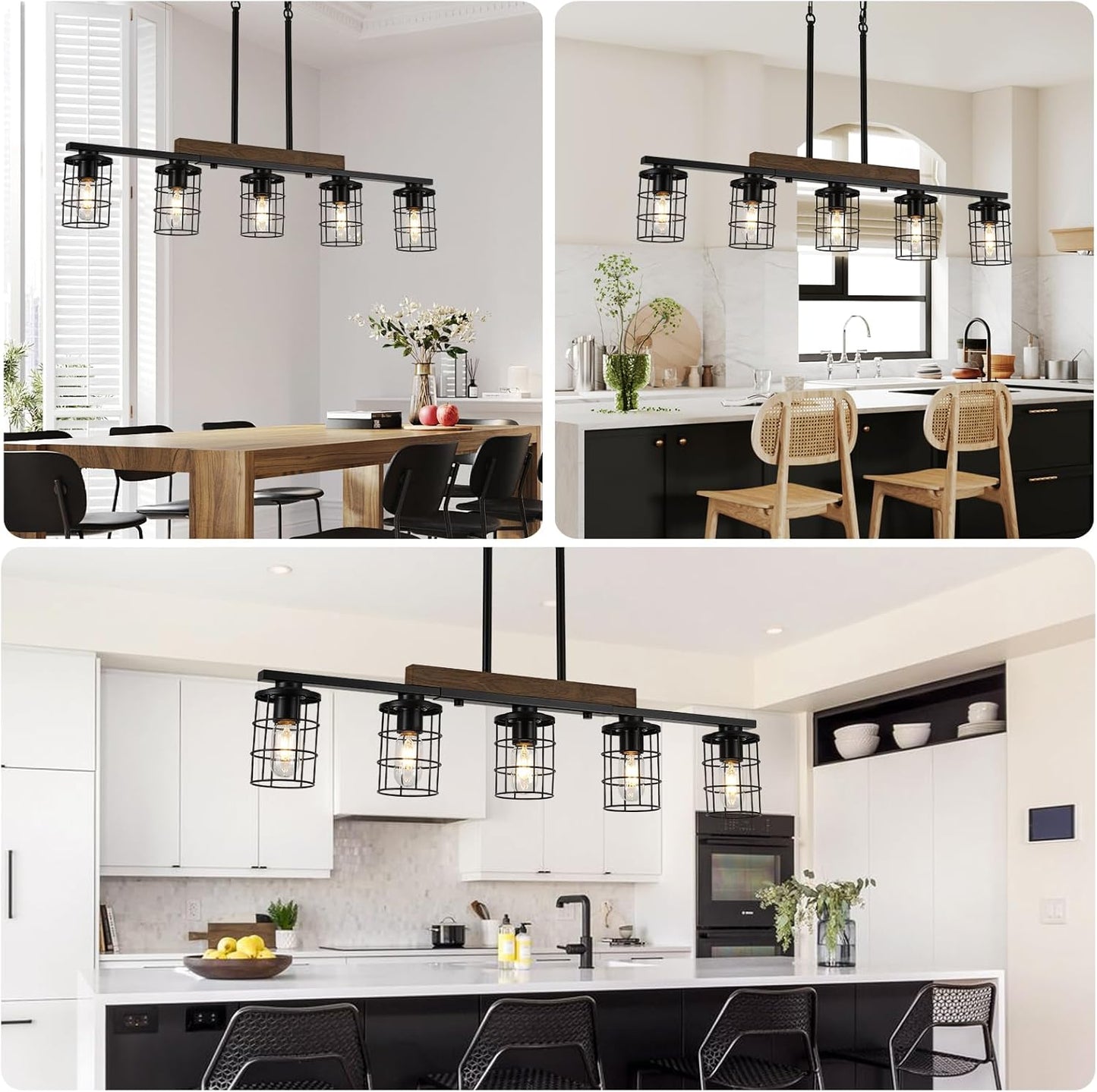 Dining Room Light Fixture/Chandelier Over Table, 36.2-Inch Hanging for Farmhouse Linear Chandeliers,5-Light Kitchen Island Lighting, Black Rustic