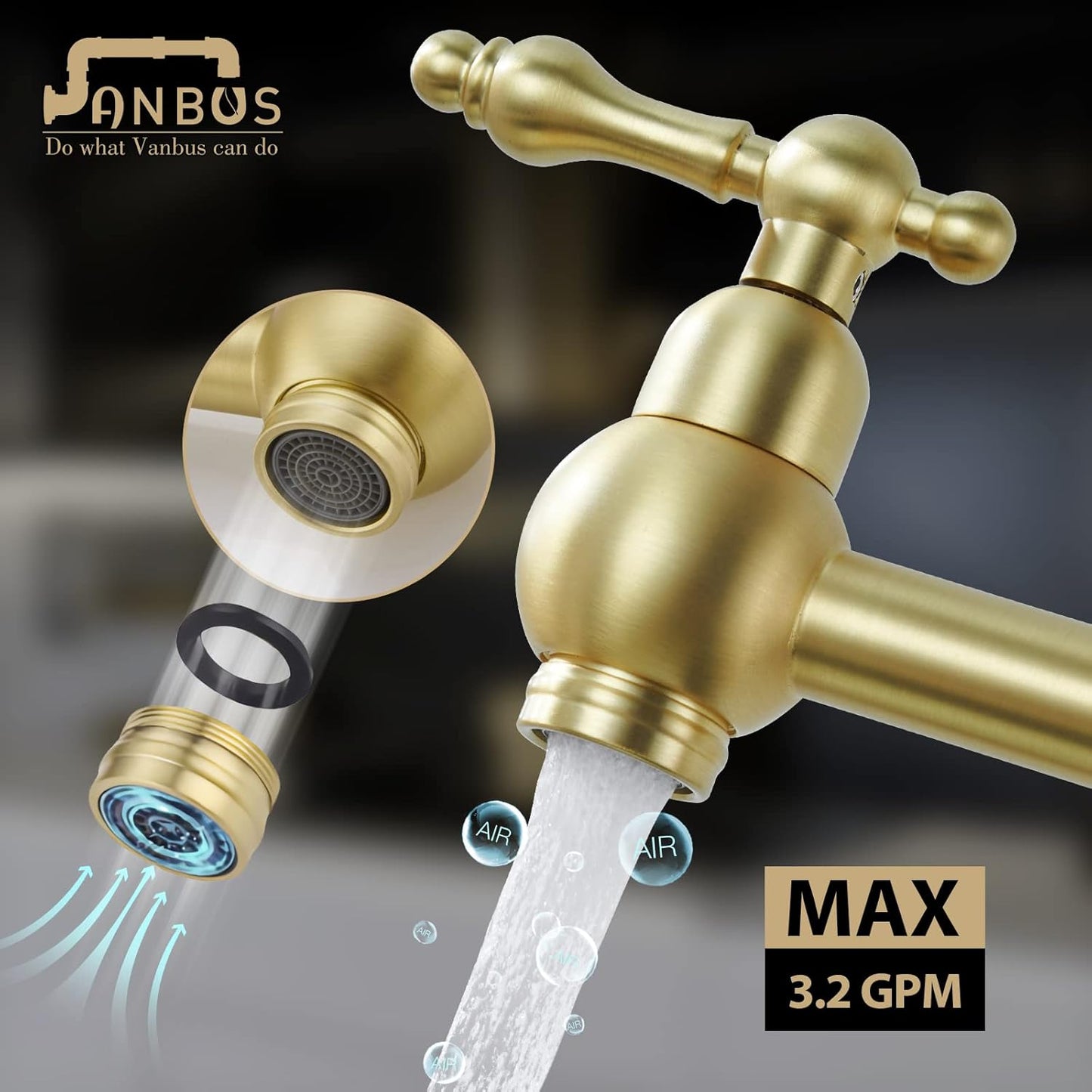 Kitchen Pot Filler Faucet, Dual Valve Wall Mount Pot Filler Faucet, Potfiller, Two Handles Strechable Double Joint Swing Arms