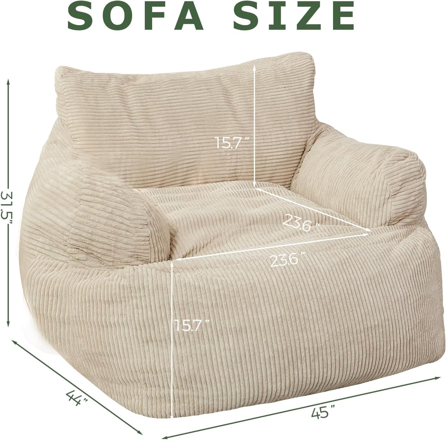 Giant Bean Bag Chair Sofa, Big Comfy Chair for Bedroom Living Room, Bean Bag Lazy Chair for Adults with Pocket Armrests for Gaming, Reading, Beige
