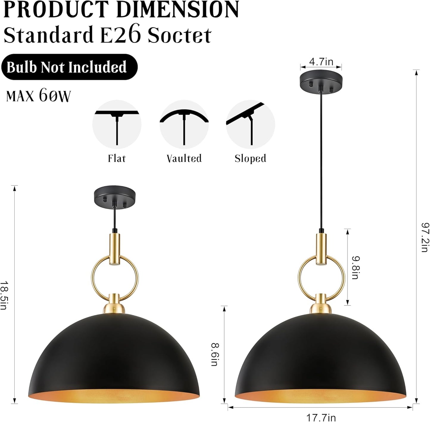 Corlaceling 17.7" Large Pendant Light for Kitchen Island Farmhouse Black and Gold Pendant Lighting Industrial Dome Pendant Light Fixture for