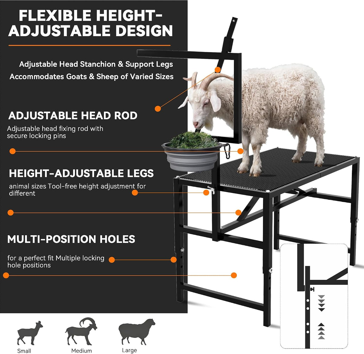 Goat Milking Stand,Goats,Adjustable Feed Bin & Head Holder