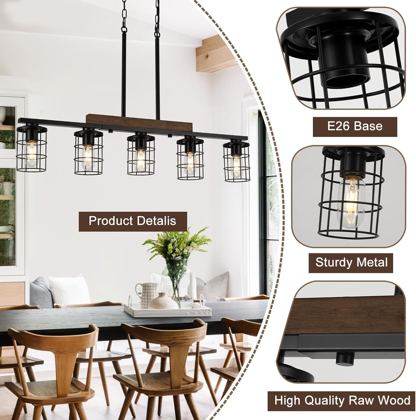 Dining Room Light Fixture/Chandelier Over Table, 36.2-Inch Hanging for Farmhouse Linear Chandeliers,5-Light Kitchen Island Lighting, Black Rustic