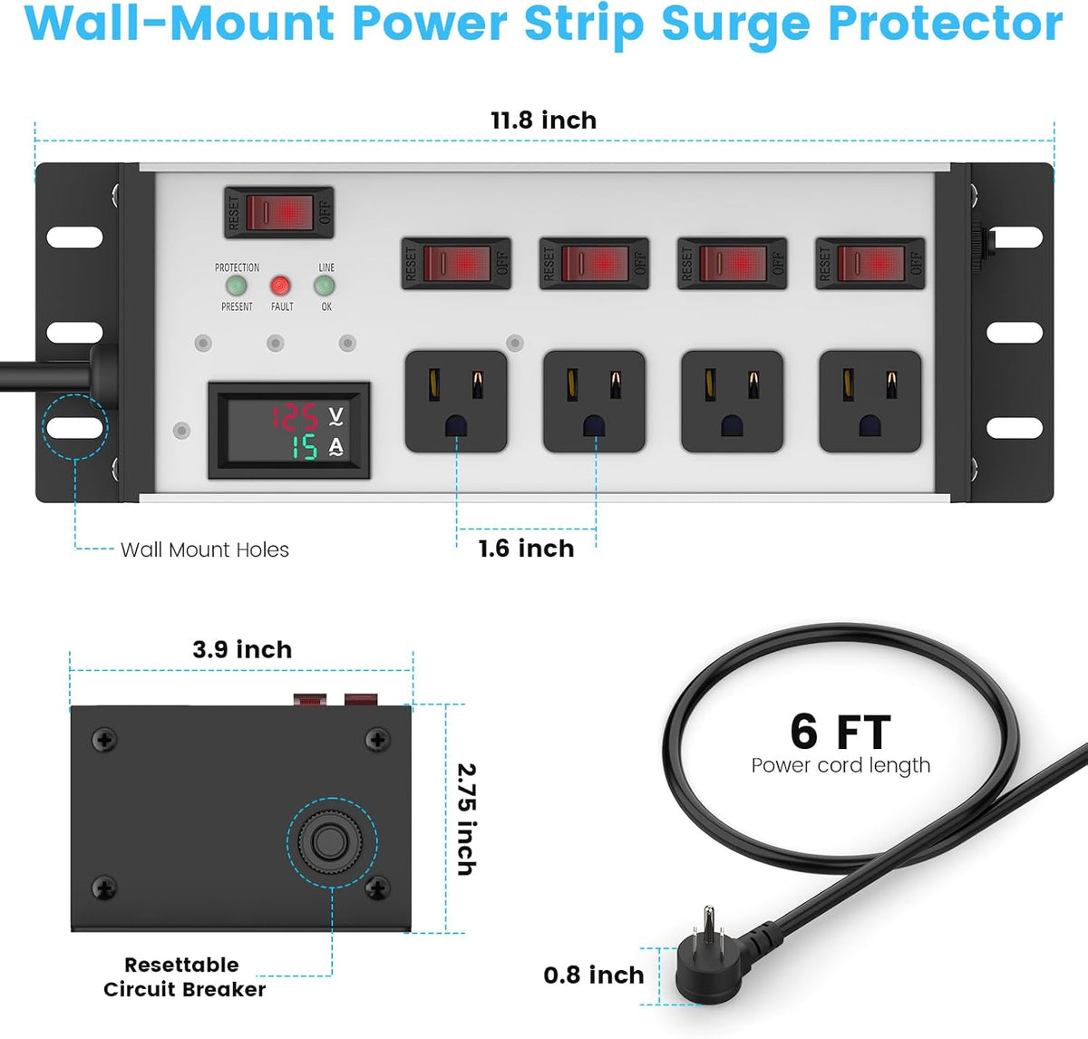 JUNNUJ EMI/RFI Filter Surge Protector, with Digital Display, 6 FT, Silver