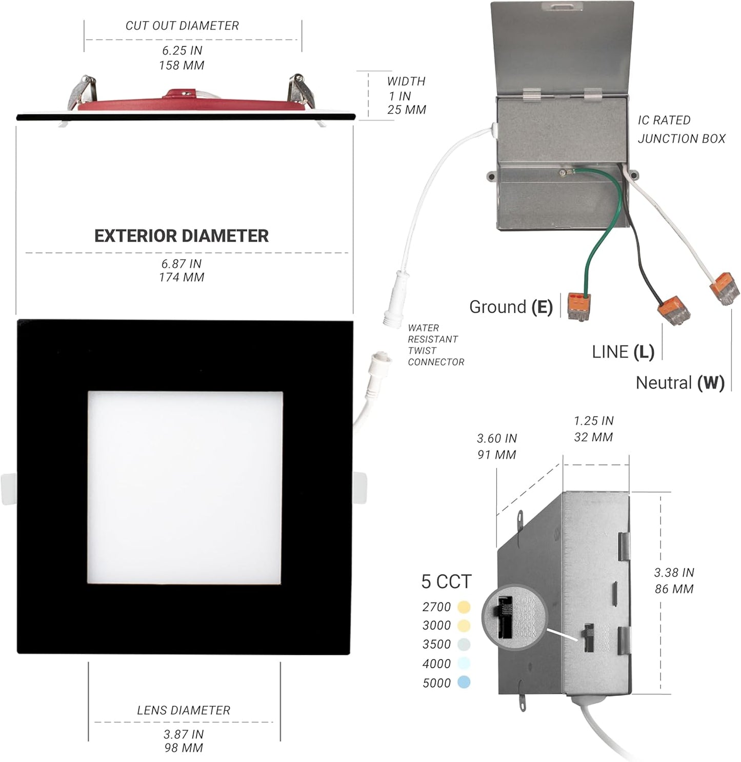 LED Recessed Light 6 Inch 2 Hour FIRE Rated , 2700K/3000K/3500K/4000K/5000K Selectable, 1200 Lumen Dimmable, IC Rated, Square Black Trim Ultra-Thin