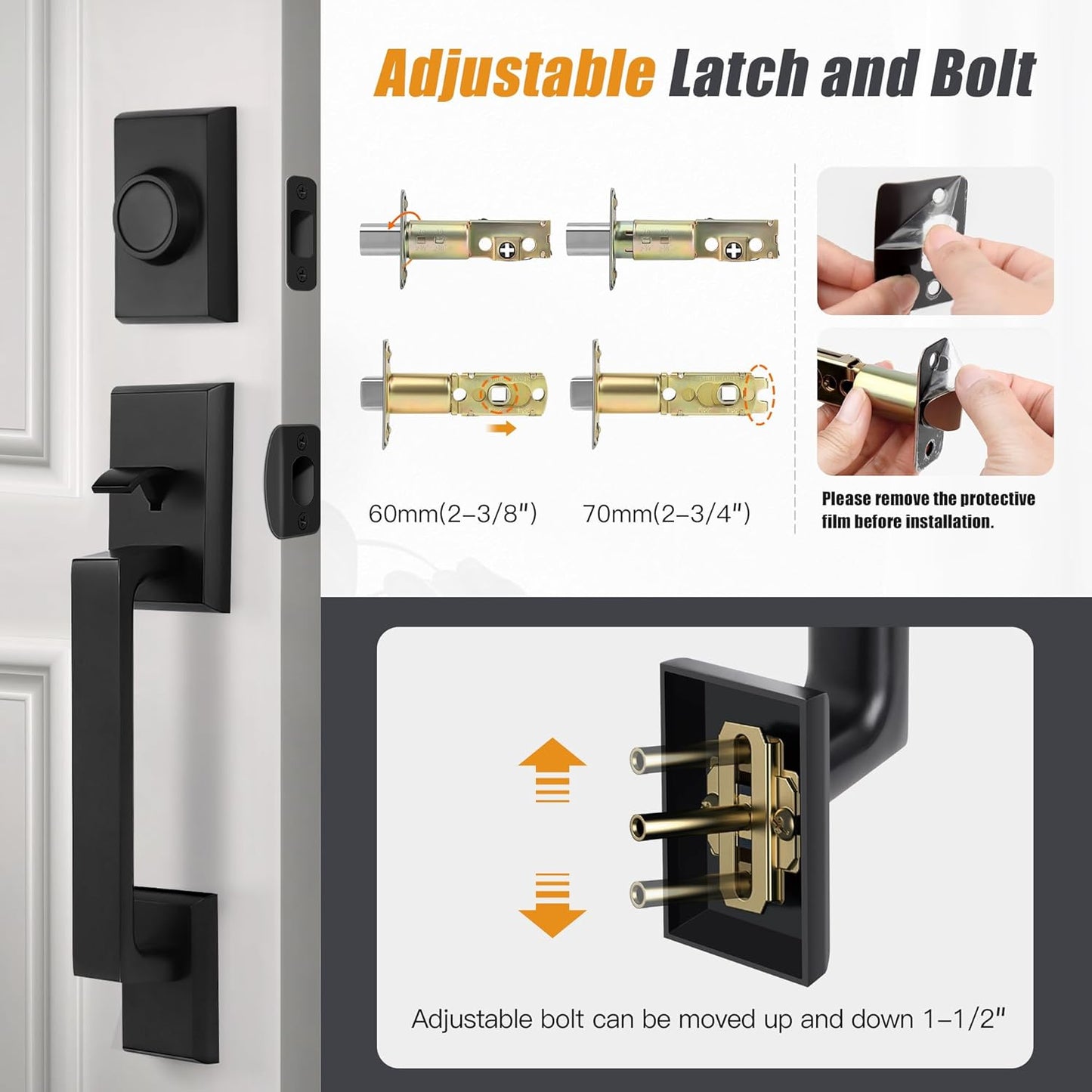 Double Front Door Lock Set, Square Heavy Duty Double Door Handle with Dummy, Handleset with Deadbolt, Black