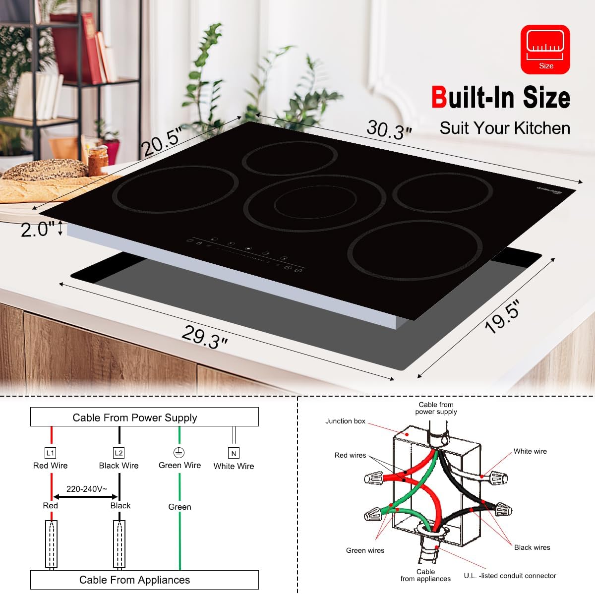 30 Inch Electric Cooktop, GASLAND Chef CH775BF 240V Ceramic Stovetop, Drop-in 5 Cooking Zones Electric Radiant Cooktop with 9 Power Levels, Sensor