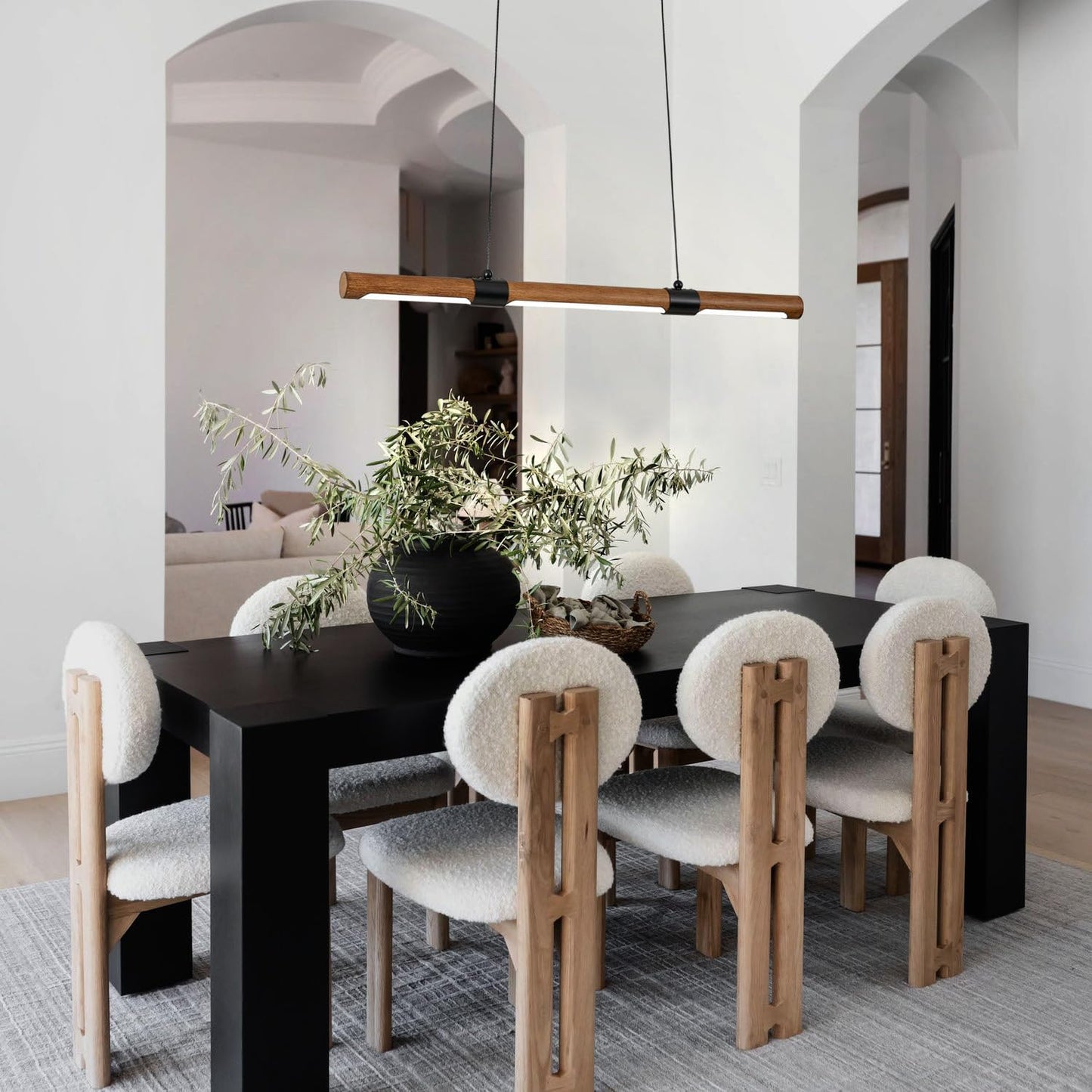 Alolvios 40'' Linear Chandelier LED Pendant Light with Remote, 3 Color Dimmable Dining Room Kitchen Island Light Fixture, Black & Walnut