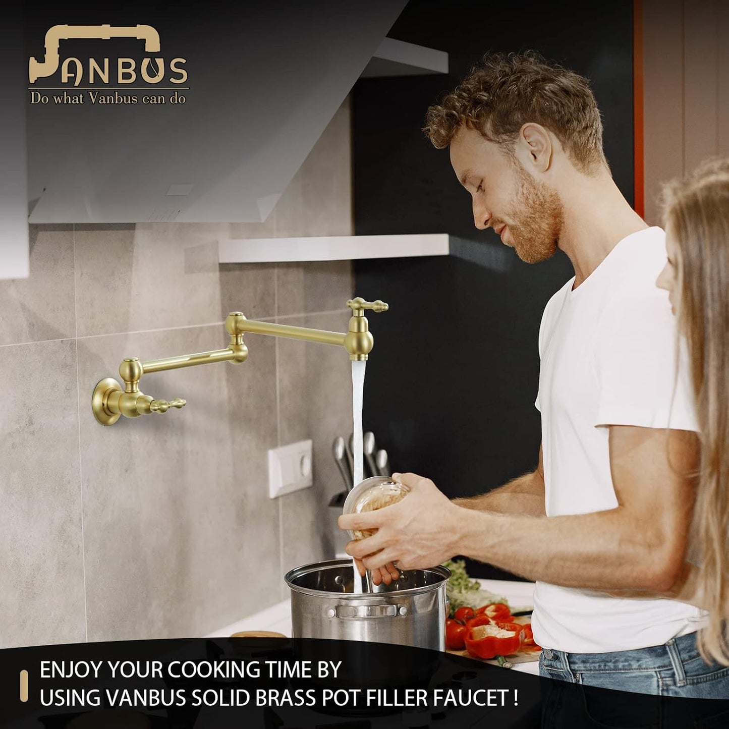 Kitchen Pot Filler Faucet, Dual Valve Wall Mount Pot Filler Faucet, Potfiller, Two Handles Strechable Double Joint Swing Arms