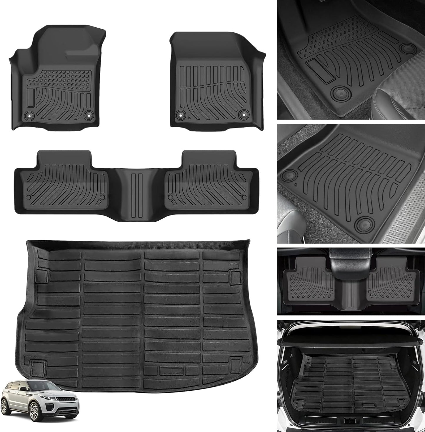Floor Mats for Land Rover Evoque 2011-2019, NOT for Convertible or 3 Door/Coupe, TPE Non-Slip Waterproof Front & 2nd Row & Cargo Liner Floor Liners Set, Custom Fit Rover Evoque Floor Mats Accessories