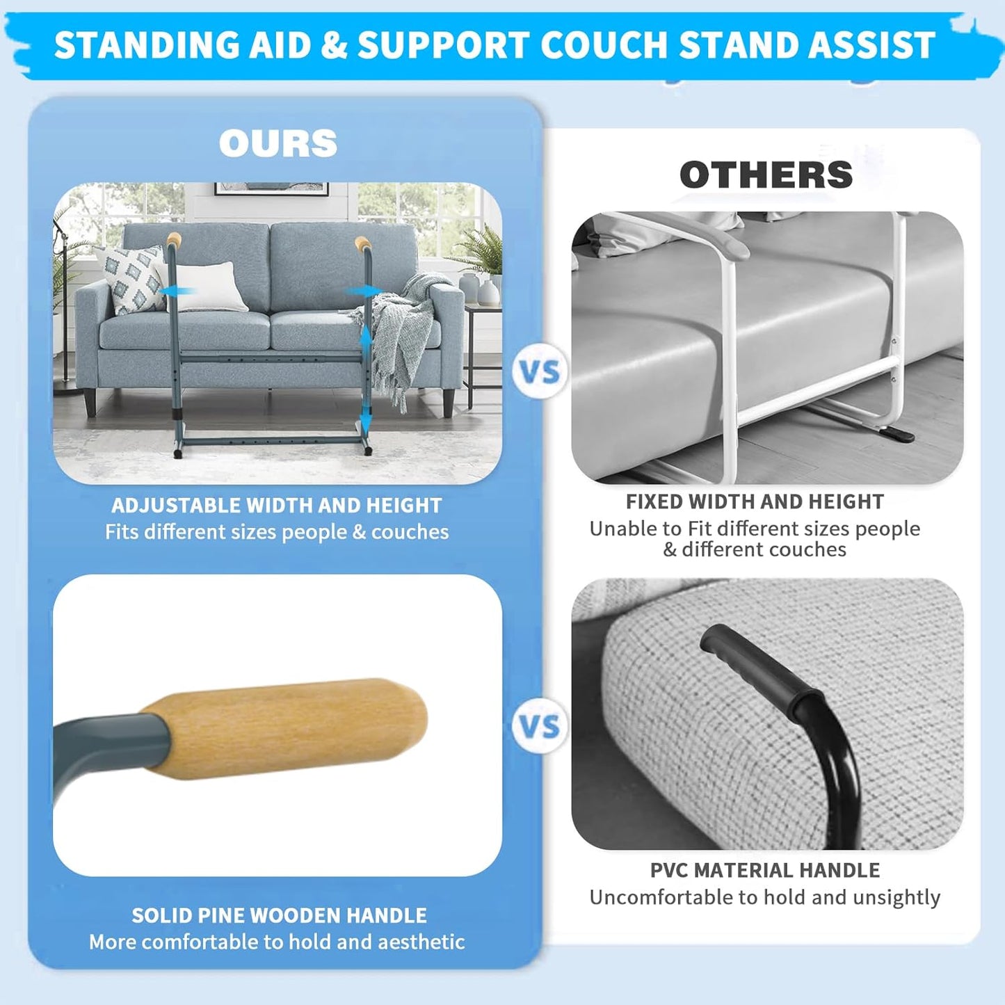 Adjustable Couch Chair Stand Assist for Seniors, Standing aid & Support Device with Wooden Handles, Chair Lift Assist Device for Elderly Mobility &