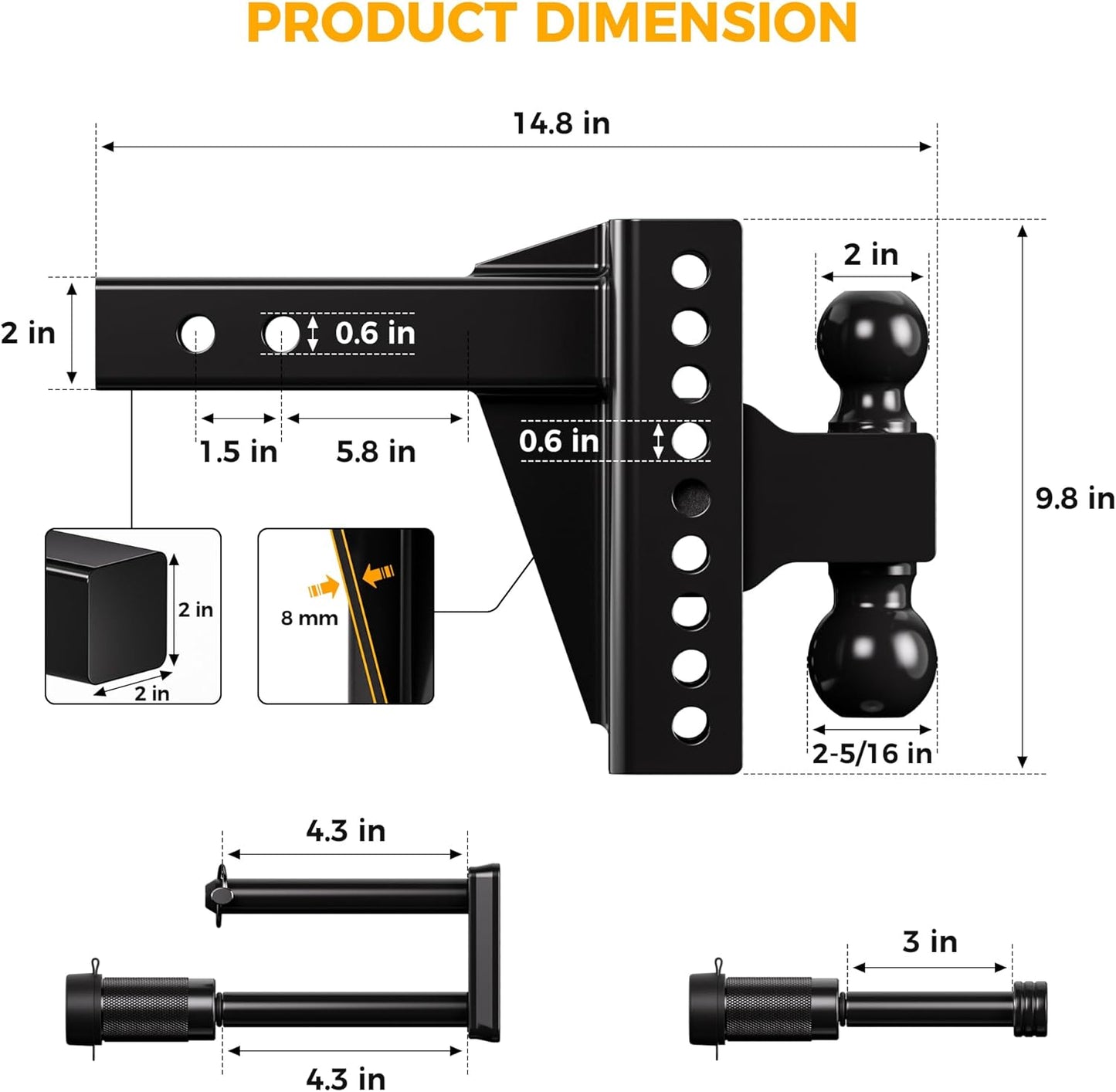 Adjustable Trailer Hitch, Tow Hitch with 2 inch Receiver, 6 inch Rise/Drop Hitch, 2" and 2-5/16" Ball Hitch, 20000 LBS GTW Truck Hitch with U-Shaped Alloy Steel Anti-Theft Pin, Black