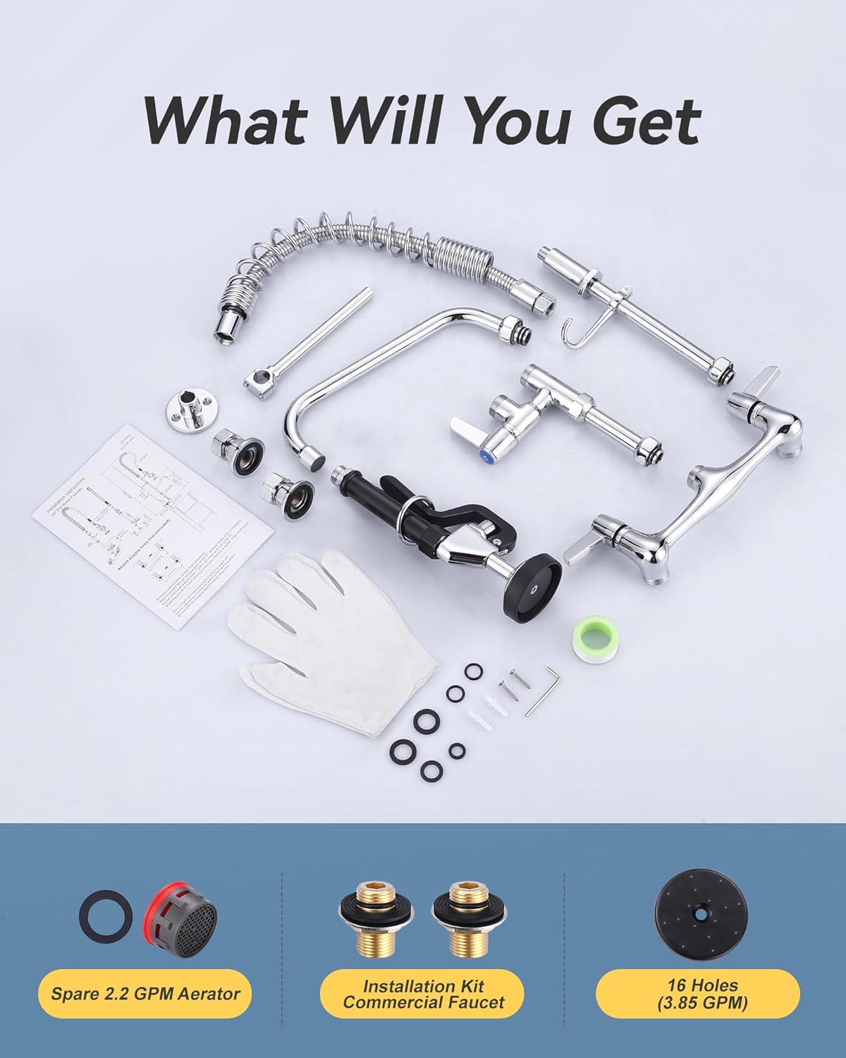 Commercial Kitchen Faucet Wall Mount with Pre-Rinse Sprayer - ARCORA Industrial Restaurant 25' Height 8'' Center Compartment Sink Faucet with 9.6'