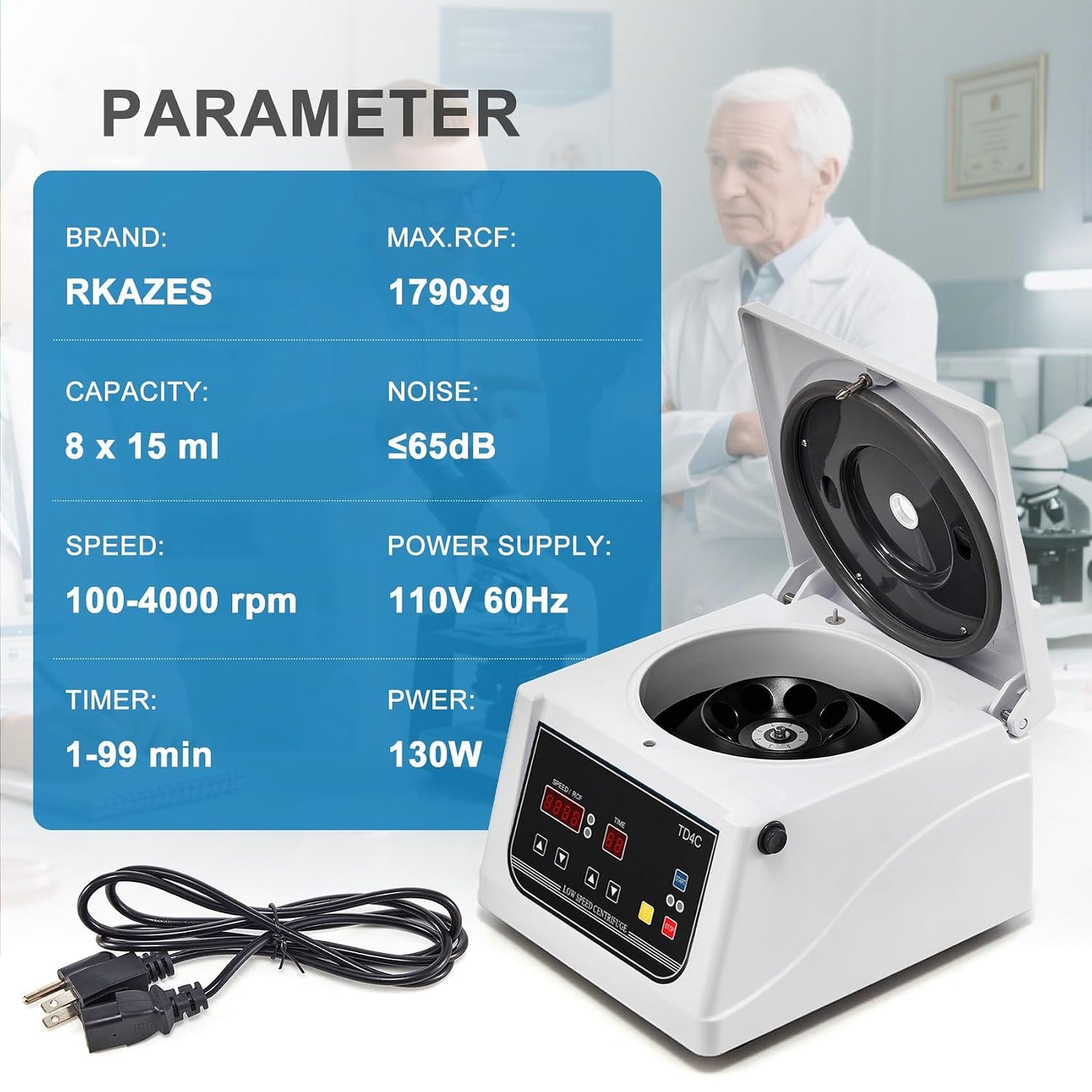 PRP Benchtop Lab Centrifuge Machine, 100-4000 RPM, 8 x 15 mL, 1-99 Min