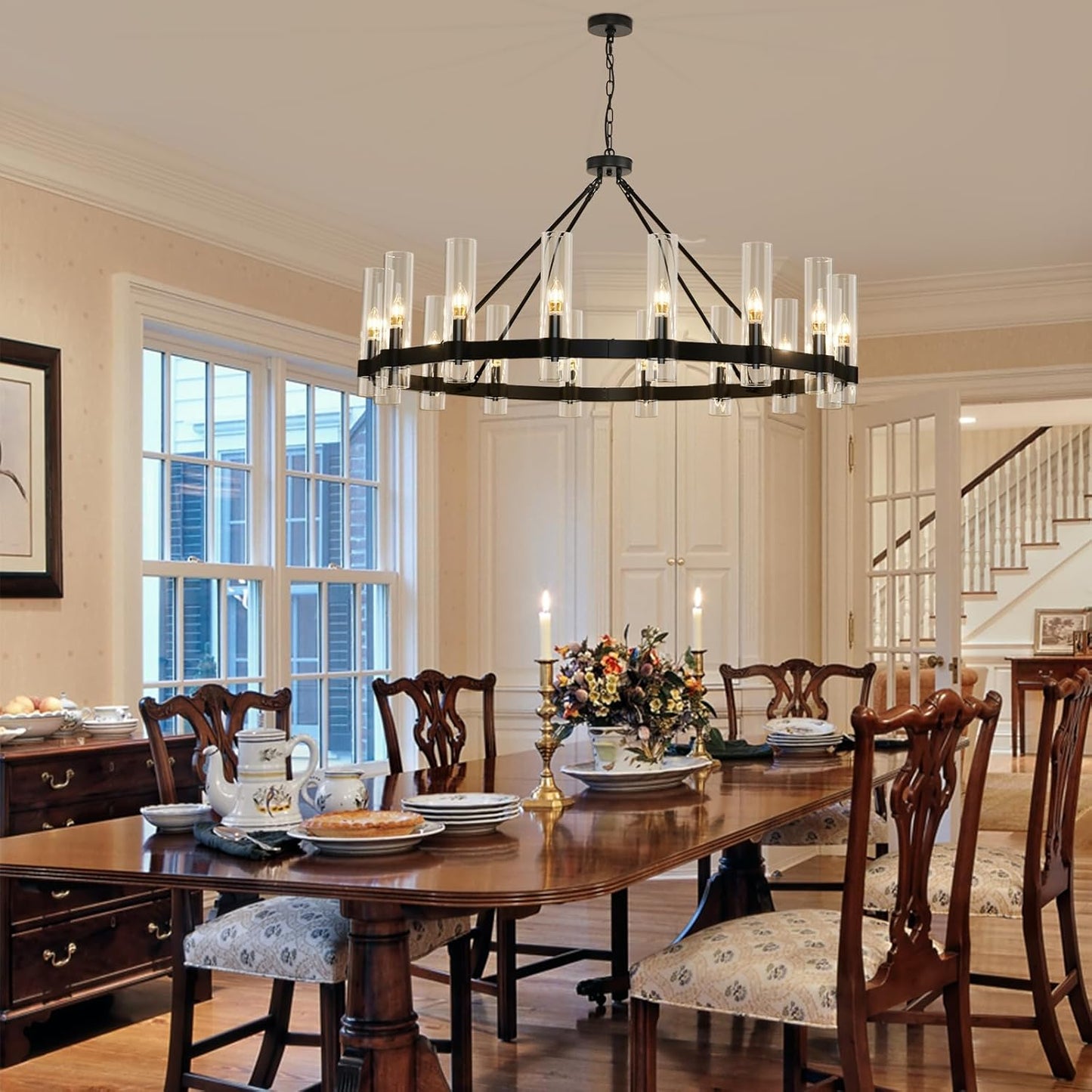 48 Inch Black Wagon Wheel Chandelier with Glass Shade, 16-Lights Black Farmhouse Chandeliers for High Ceilings, Large Round Indu