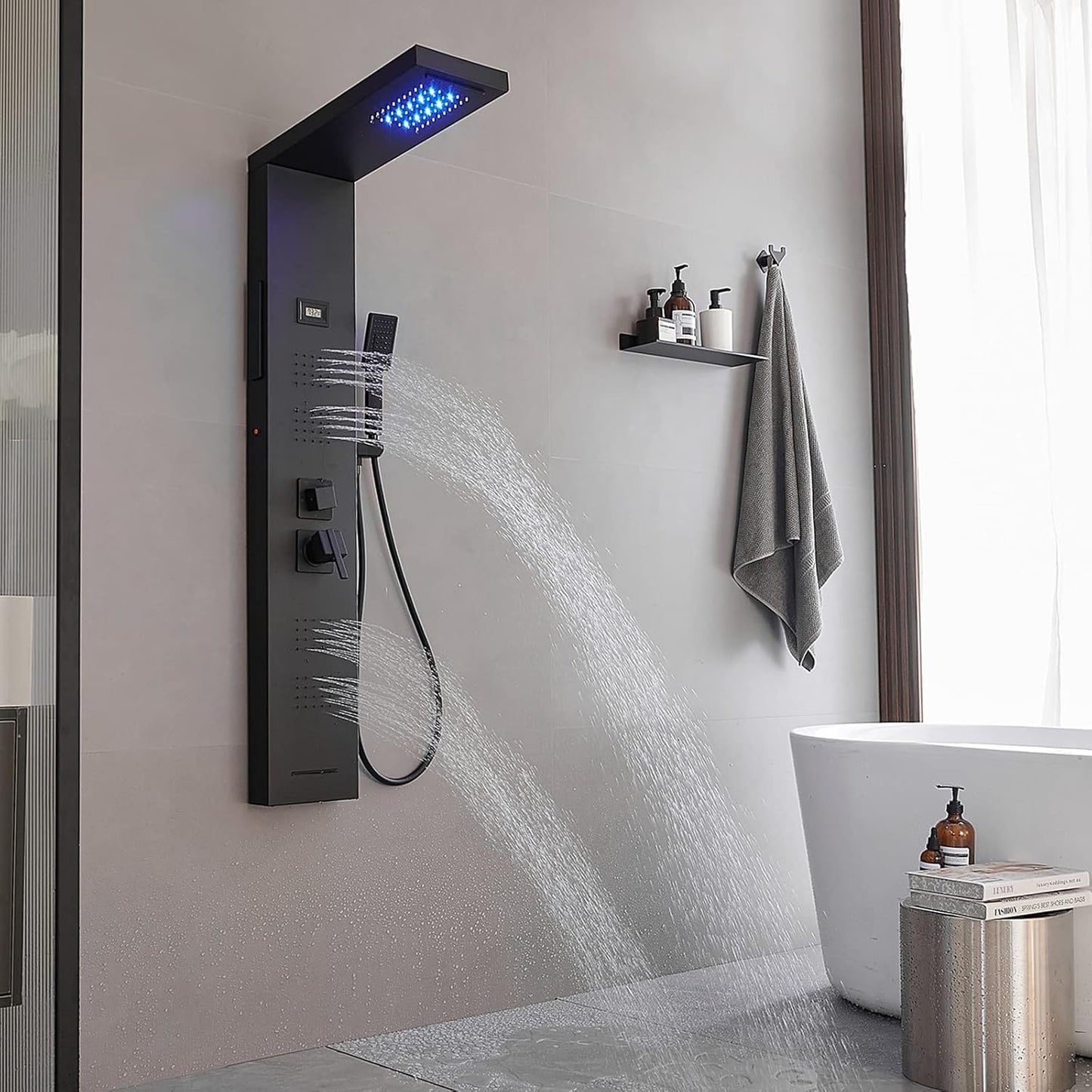 BWE LED Shower Panel Tower System Matte Black 5-Function Shower Column with Rainfall Waterfall Shower Head 4 Body Jets with Tub Spout Water