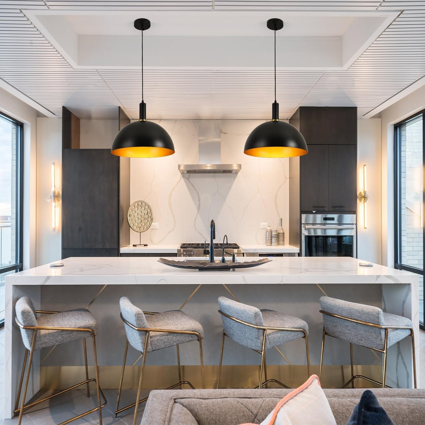 GRUSTRUST 16" Vintage Industrial Dome Pendant Light Black and Gold Large Pendant Lights Kitchen Island Modern Farmhouse Adjustable Hanging