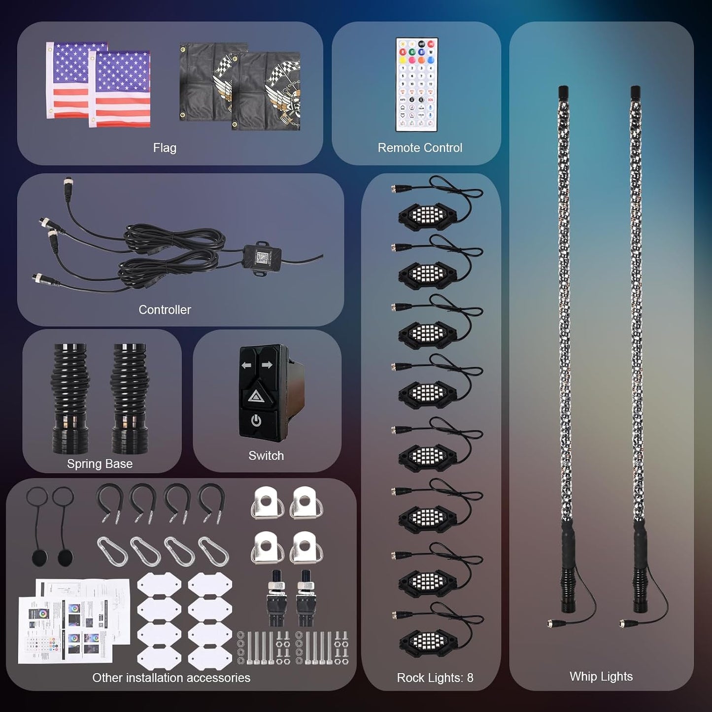 2PCS 3FT LED Whip Light and 8 Pods Rock Light Kit with Spring Base, Switch, Remote and App Control,Universal for UTV ATV RZR Polaris SXS Can-Am