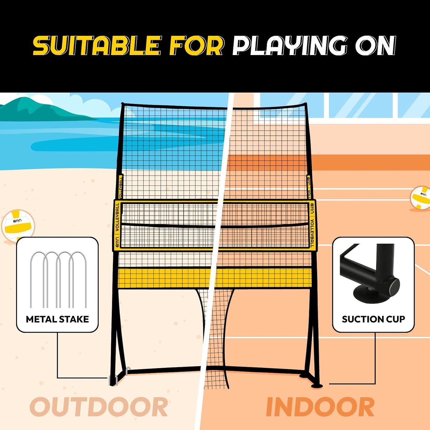 Volleyball Practice Net Station with 3 Adjustable Heights - 6'5', 7'2', 8' - Indoor and Outdoor Volleyball Training Equipment for Serving, Hitting