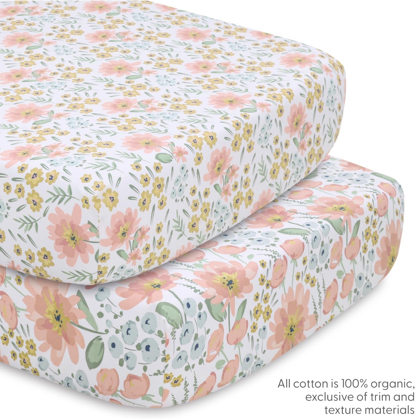 The Peanutshell Floral Crib Bedding Set for Baby Girls, 4pc Organic Cotton Crib Comforter Set, Wildflower Nursery Decor, Pink Mint Green