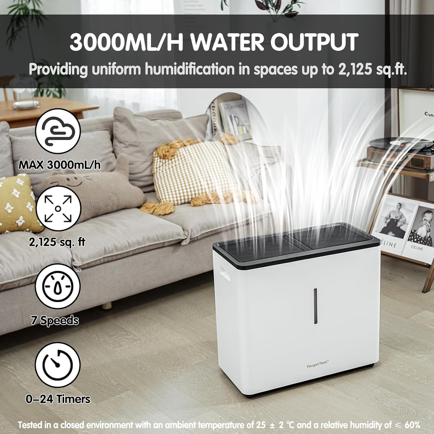 Evaporative Humidifiers for Large Living Space, 14.5 L(3.9 Gal) Tank Whole Room Humidifier, 60 W Cool No Mist Humidifiers, 7 Speed, MAX Output 3000